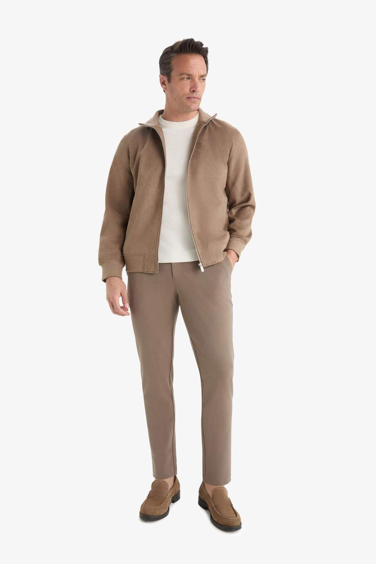 Defacto  Slim Fit Dar Kesim Dik Yaka Astarlı Fermuarlı Cepli Süet Mevsimlik Baharlık Mont D1524AX25AU - Görsel 5