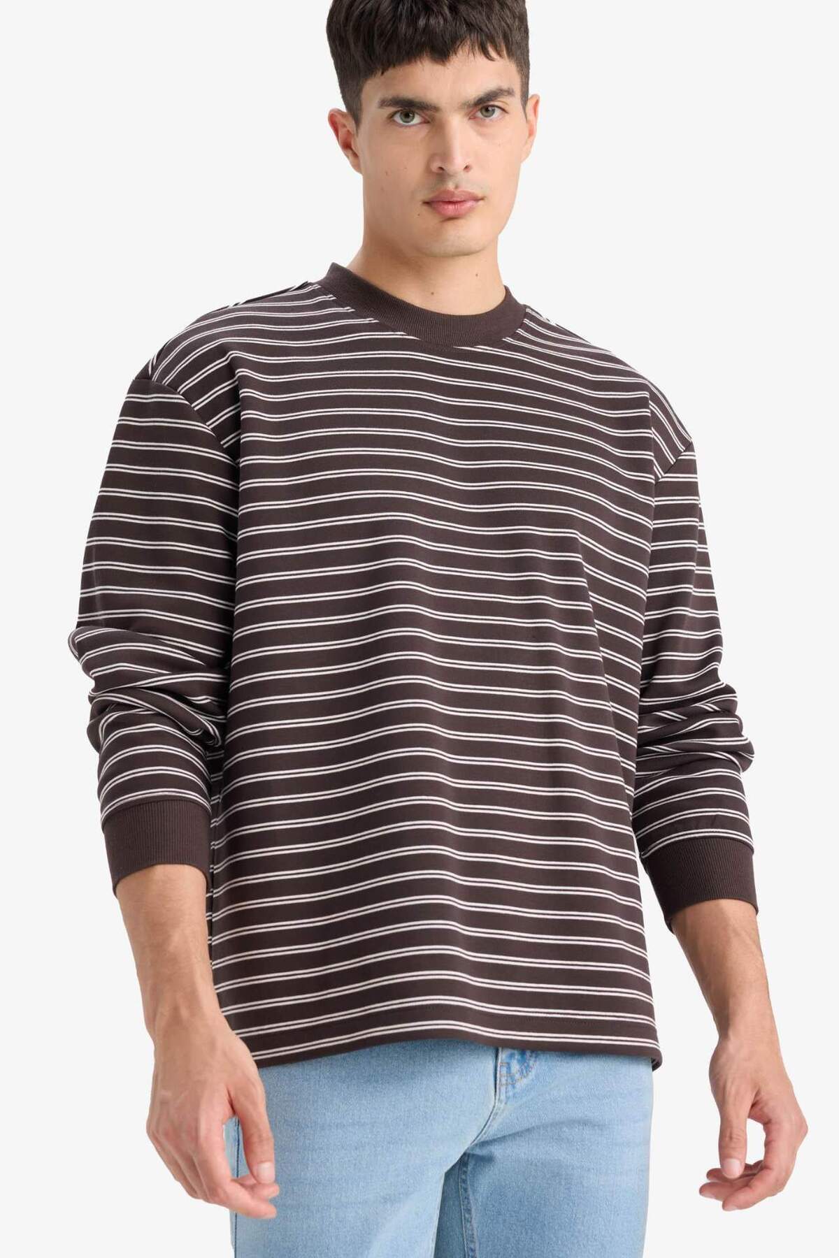 DeFacto Relax Fit Bisiklet Yaka Çizgili Sweatshirt E9408AX25AU görsel 3