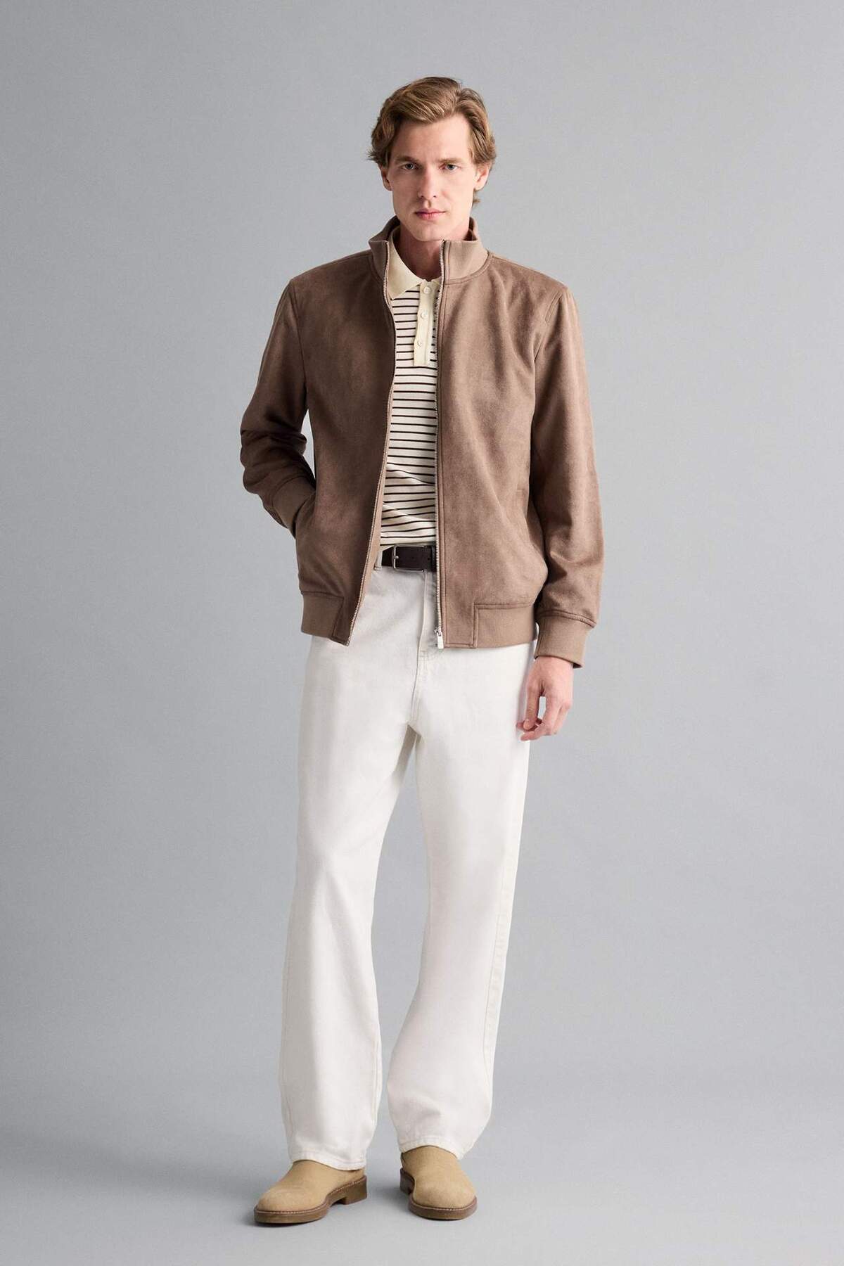 Defacto  Slim Fit Dar Kesim Dik Yaka Astarlı Fermuarlı Cepli Süet Mevsimlik Baharlık Mont D1524AX25AU - Görsel 2