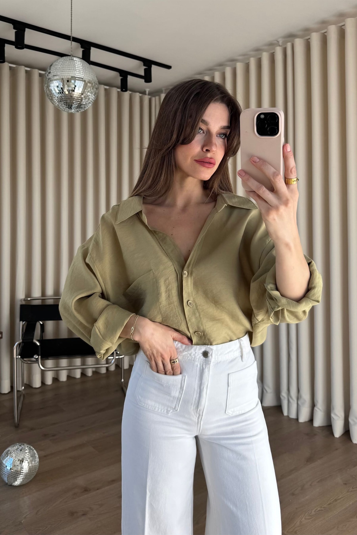 Sue Store  Haki Oversize Modal Kumaş Gömlek - Görsel 6