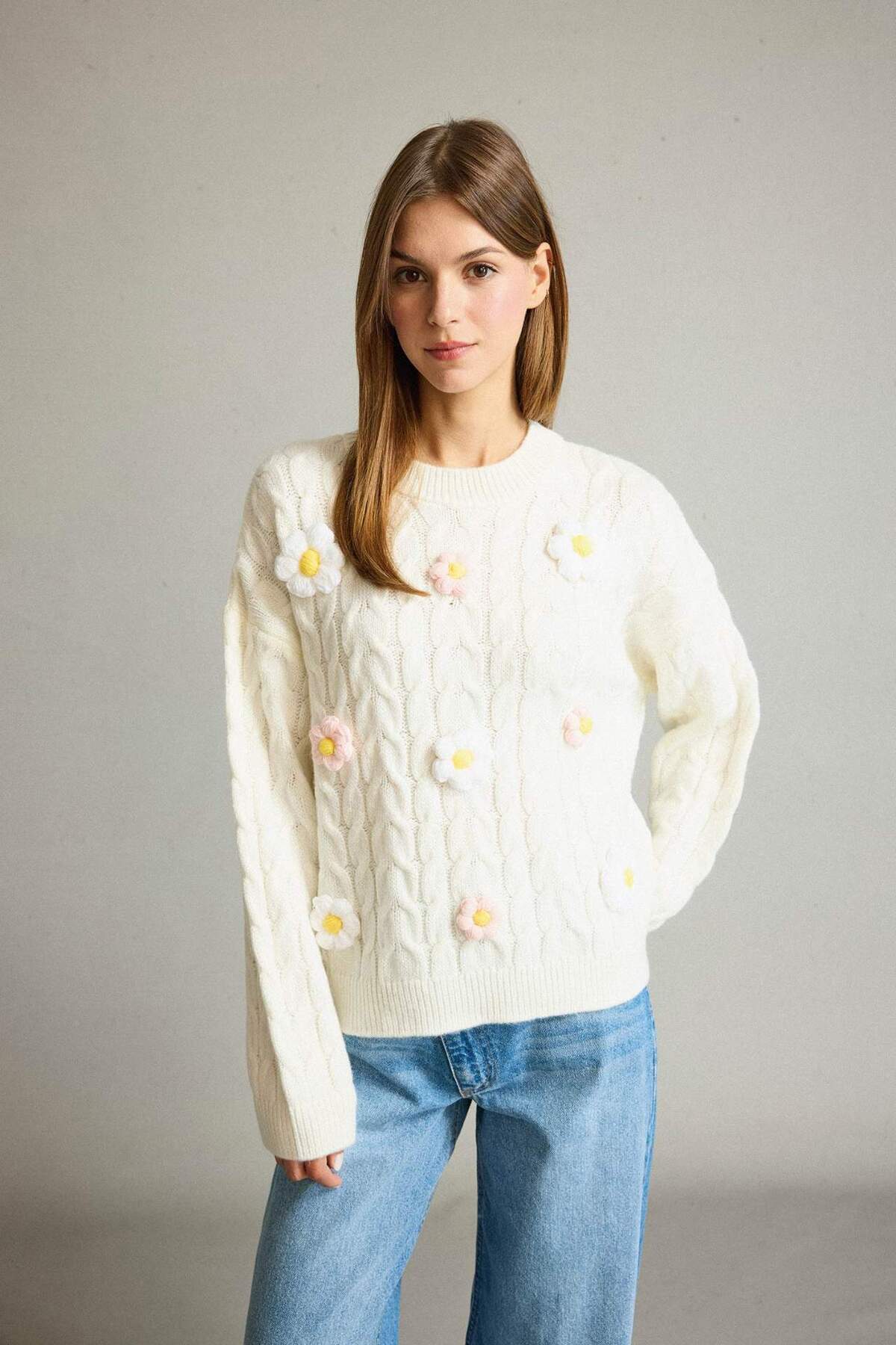 Defacto  Bisiklet Yaka Çiçekli Triko Kazak G3343AX25AU