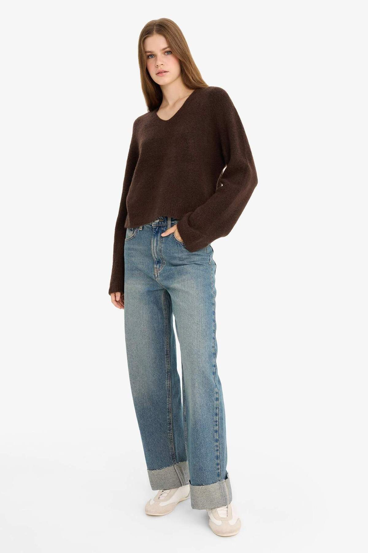 Defacto  V Yaka Yumuşak Dokulu Dikişsiz Triko Kazak F4800AX25WN - Görsel 6