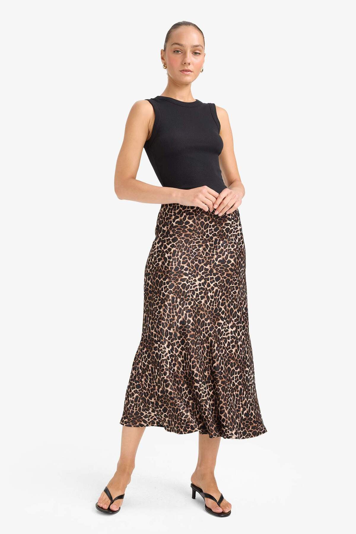 DeFacto A Kesim Normal Bel Leopar Desenli Saten Midi Etek D7648AX25AU