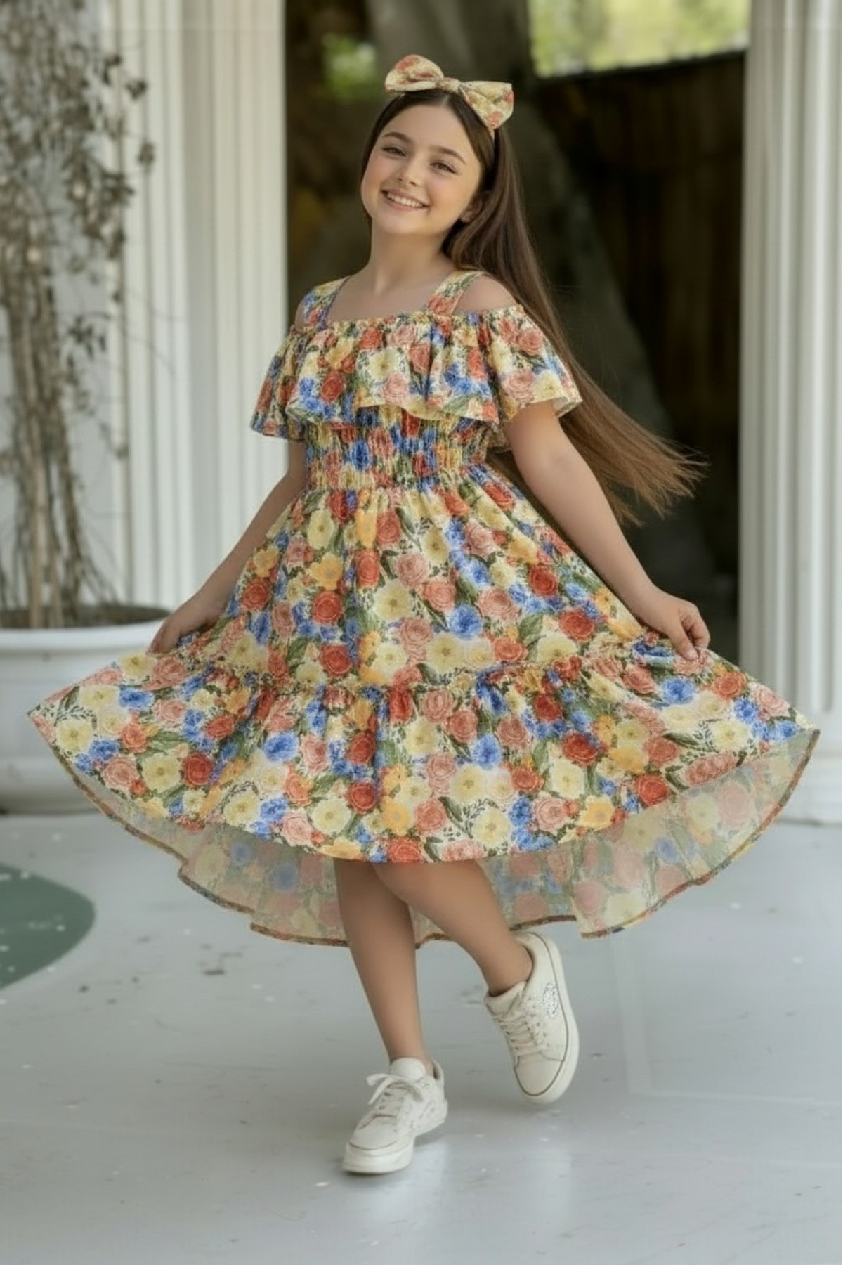 ELAFOR Fırfırlı Madonna Yaka Moss Krep Kumaş Kız Çocuk Çiçekli Elbise(1 YAŞ BÜYÜK ALINIZ)-bayramlık fotoğrafı 3 (önizleme)