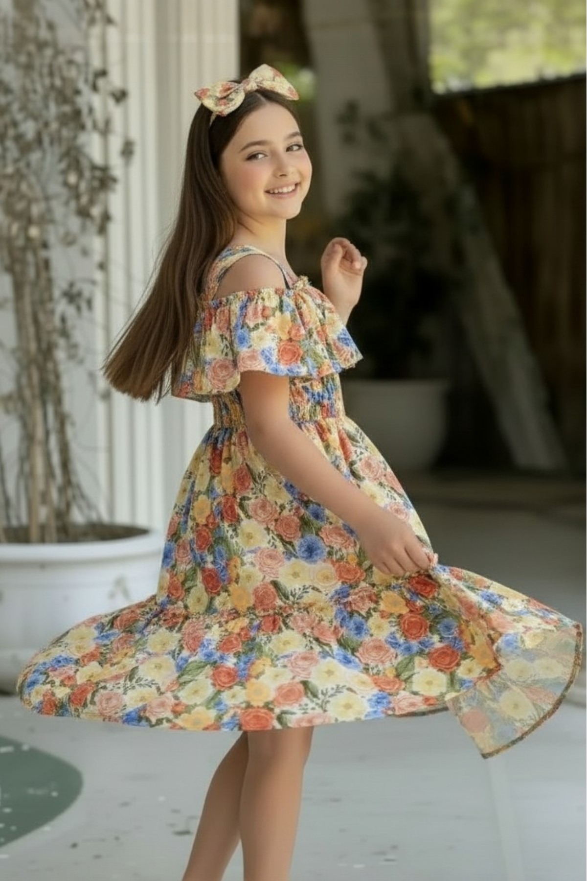 ELAFOR Fırfırlı Madonna Yaka Moss Krep Kumaş Kız Çocuk Çiçekli Elbise(1 YAŞ BÜYÜK ALINIZ)-bayramlık fotoğrafı 6 (önizleme)