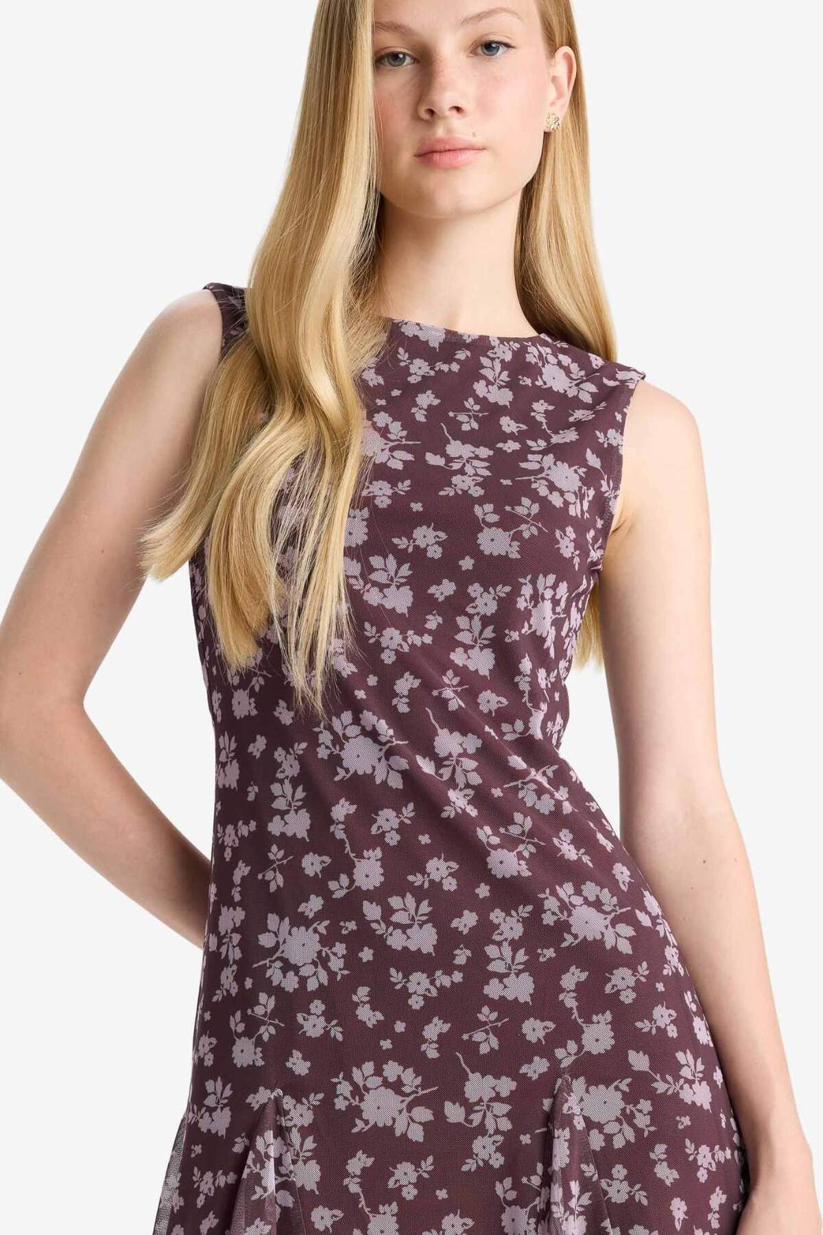 Defacto Crew Neck Patterned Tulle Sleeveless Mini Dress F0415AX25WN