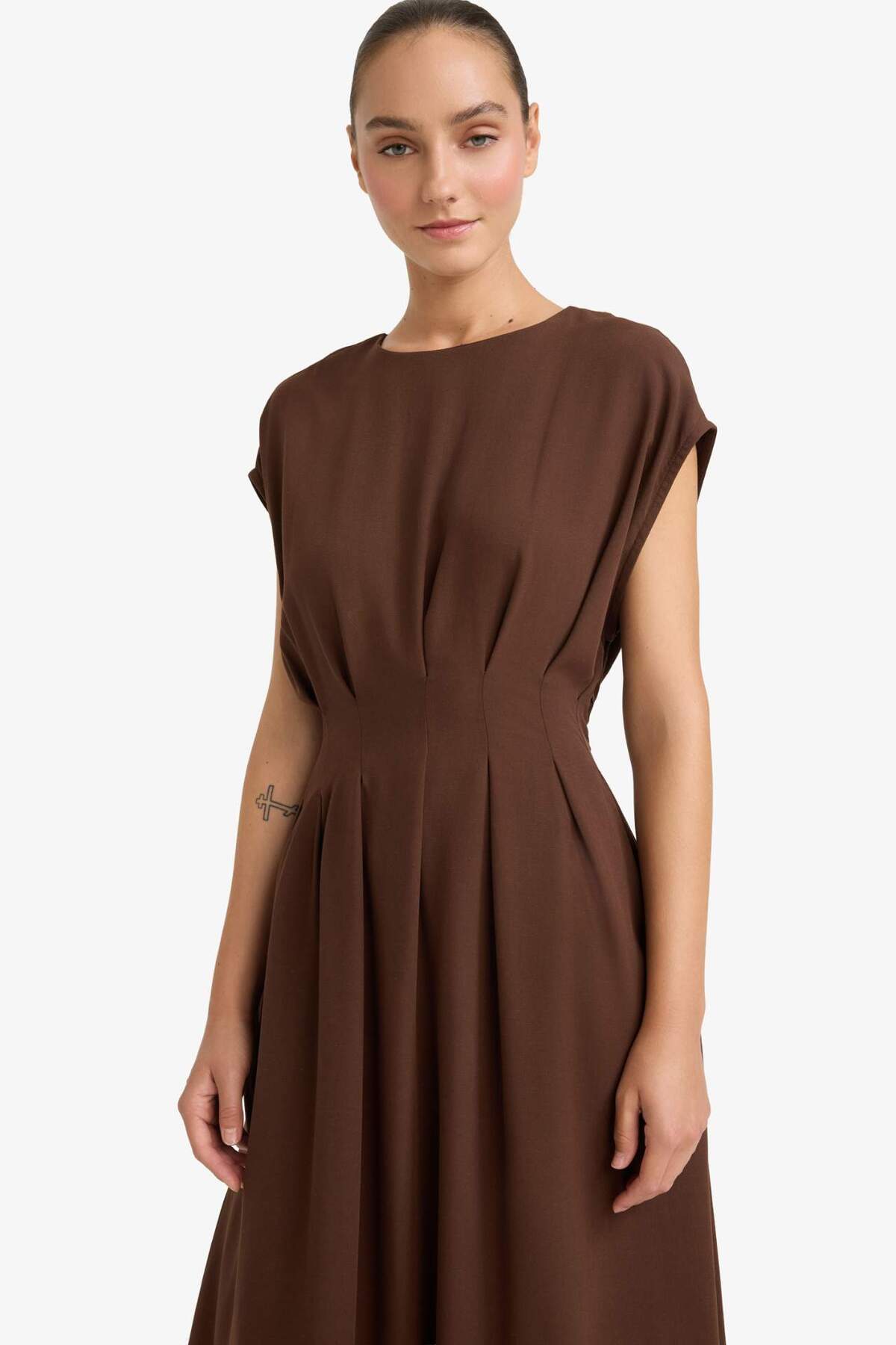 Defacto  Bisiklet Yaka Keten Karışımlı Kısa Kollu Maxi Elbise G1461AX25AU - Görsel 7