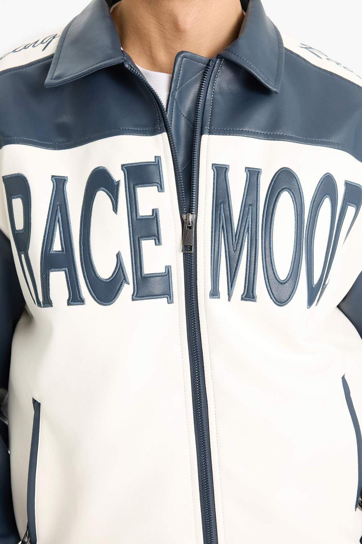 Defacto  Oversize Geniş Kalıp Gömlek Yaka Fermuarlı Nakış Detaylı İç Cepli Suni Deri Mont E8819AX25AU - Görsel 5