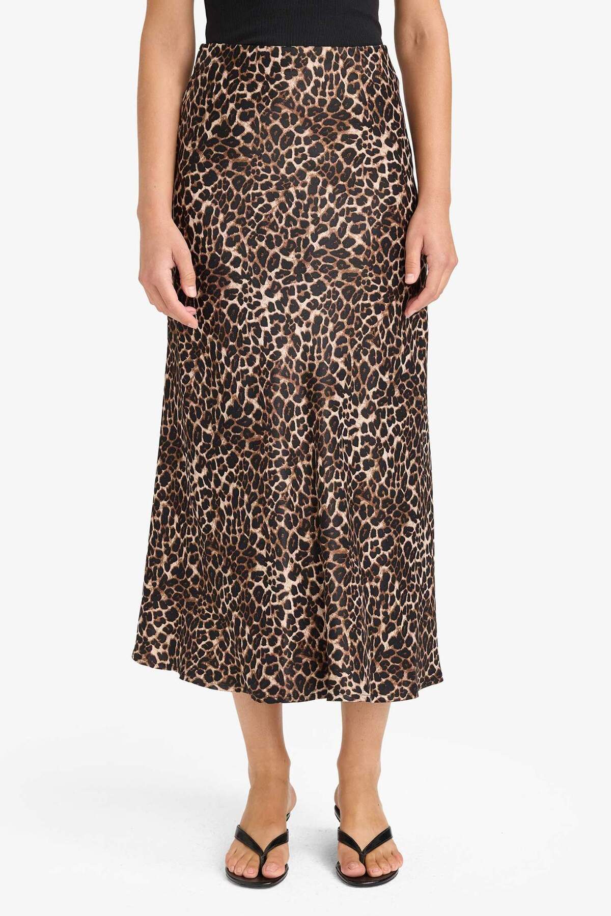 DeFacto A Kesim Normal Bel Leopar Desenli Saten Midi Etek D7648AX25AU görsel 4