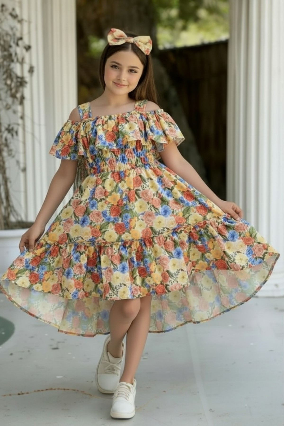 ELAFOR Fırfırlı Madonna Yaka Moss Krep Kumaş Kız Çocuk Çiçekli Elbise(1 YAŞ BÜYÜK ALINIZ)-bayramlık fotoğrafı 2 (önizleme)