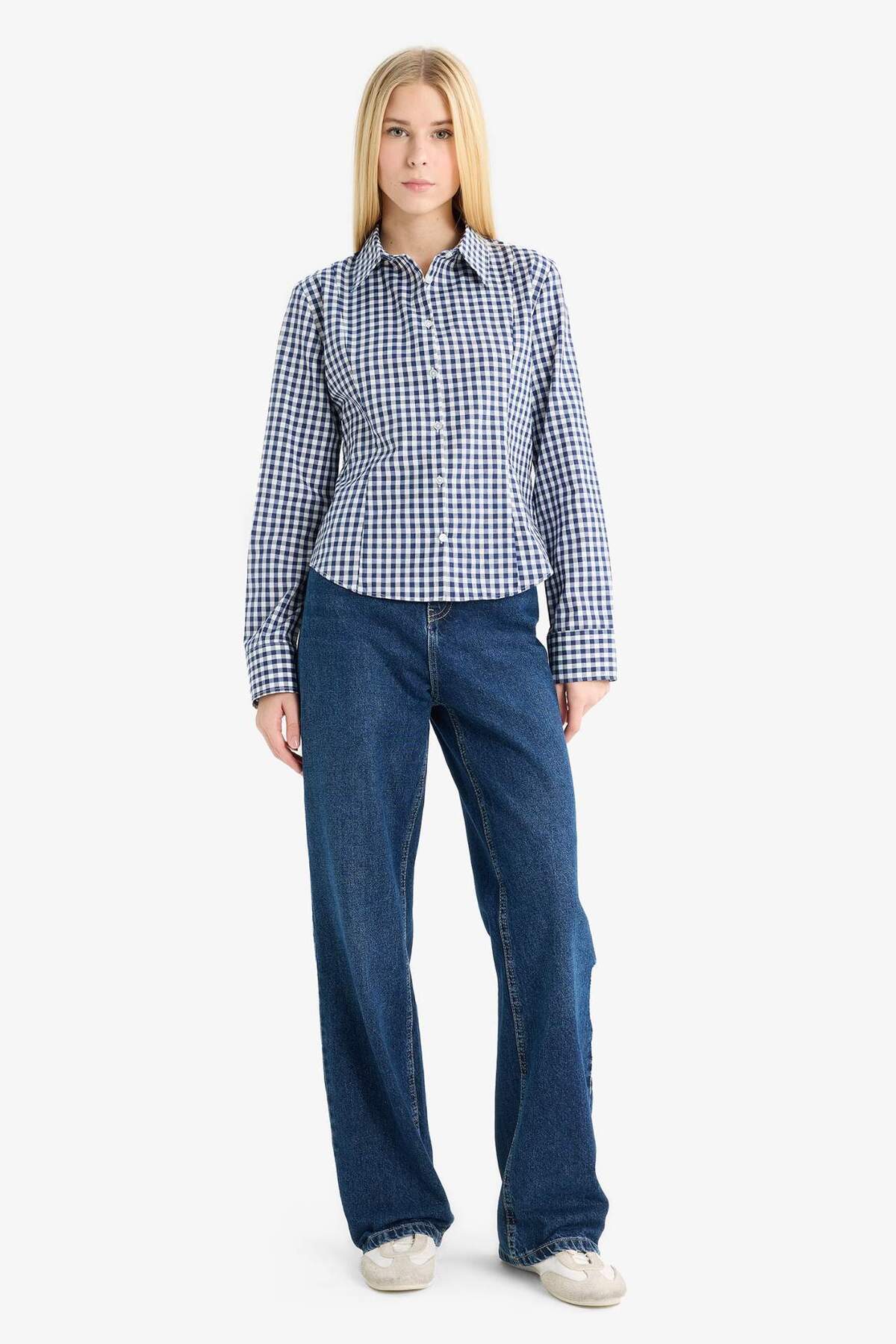 DeFacto Fitted Kareli Poplin Uzun Kollu Gömlek F9285AX25AU görsel 2