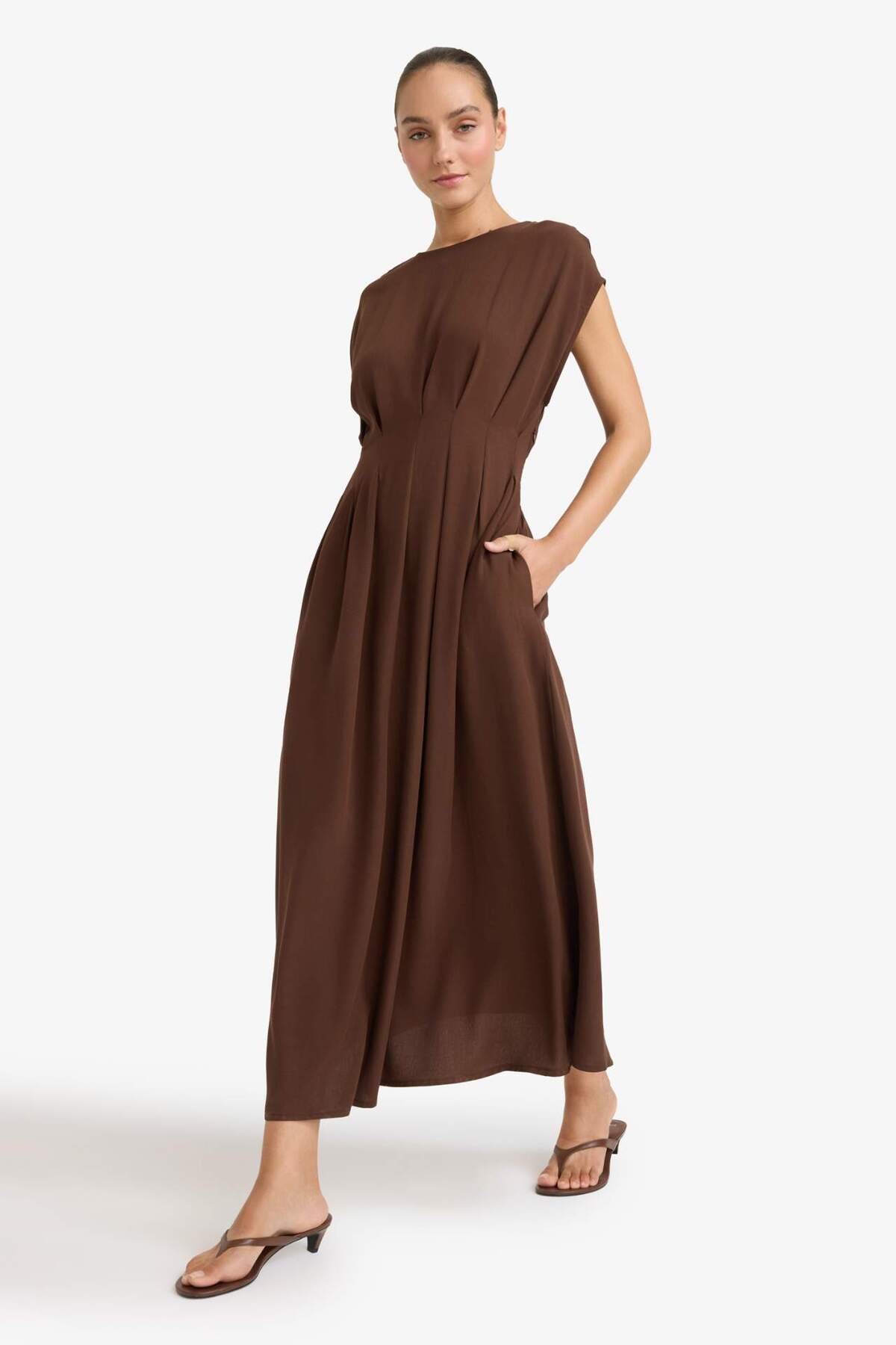 Defacto  Bisiklet Yaka Keten Karışımlı Kısa Kollu Maxi Elbise G1461AX25AU - Görsel 6