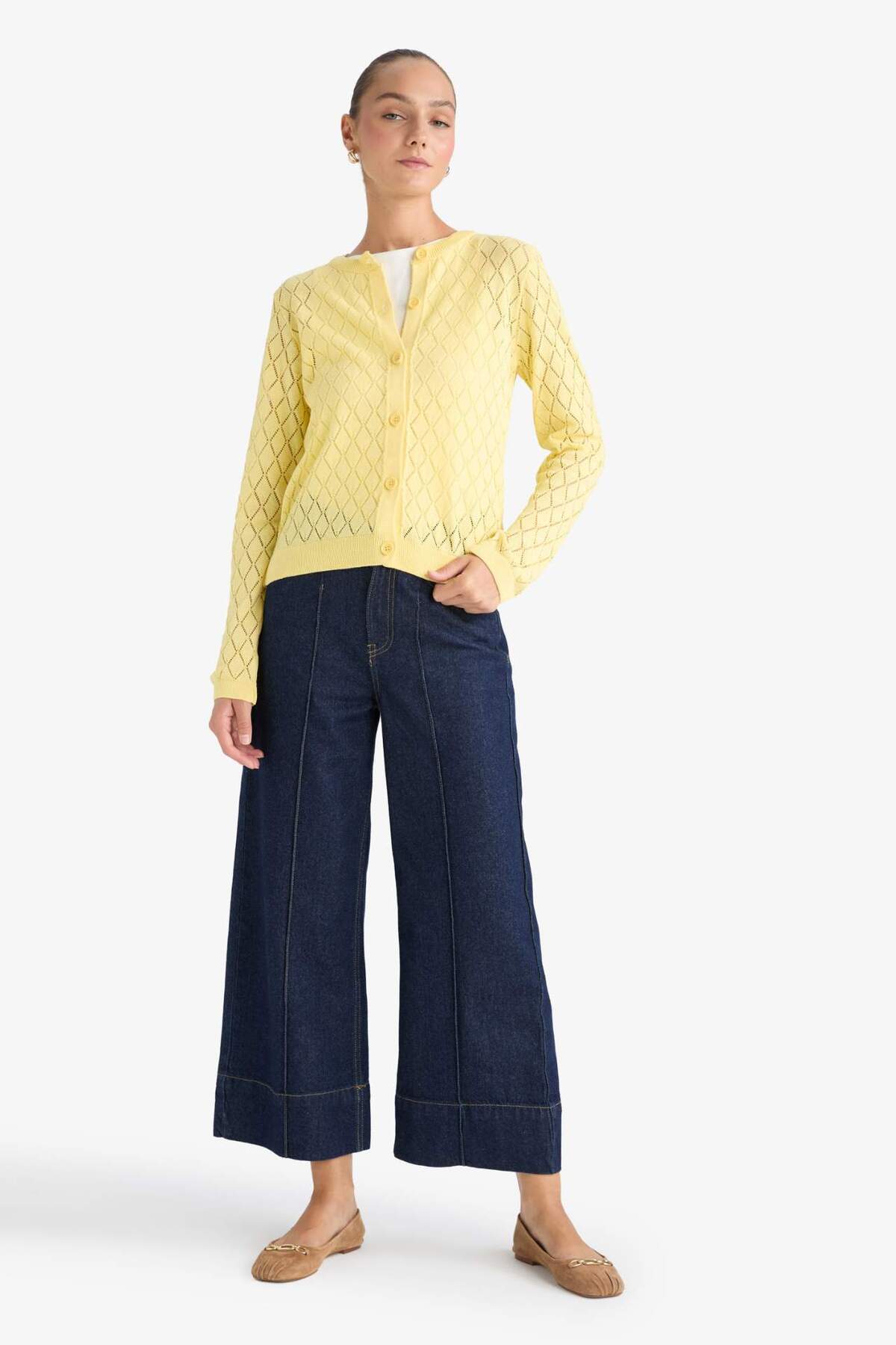 Defacto  Regular Fit Bisiklet Yaka Ajurlu Düğmeli Triko Hırka G0191AX25AU - Görsel 2