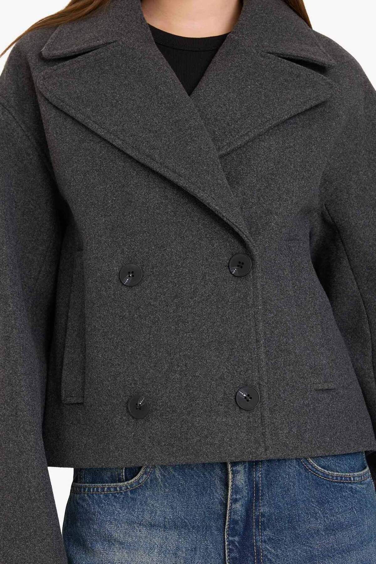 Defacto  Regular Fit Düğmeli Crop Kaşe Kaban E8646AX25AU - Görsel 4