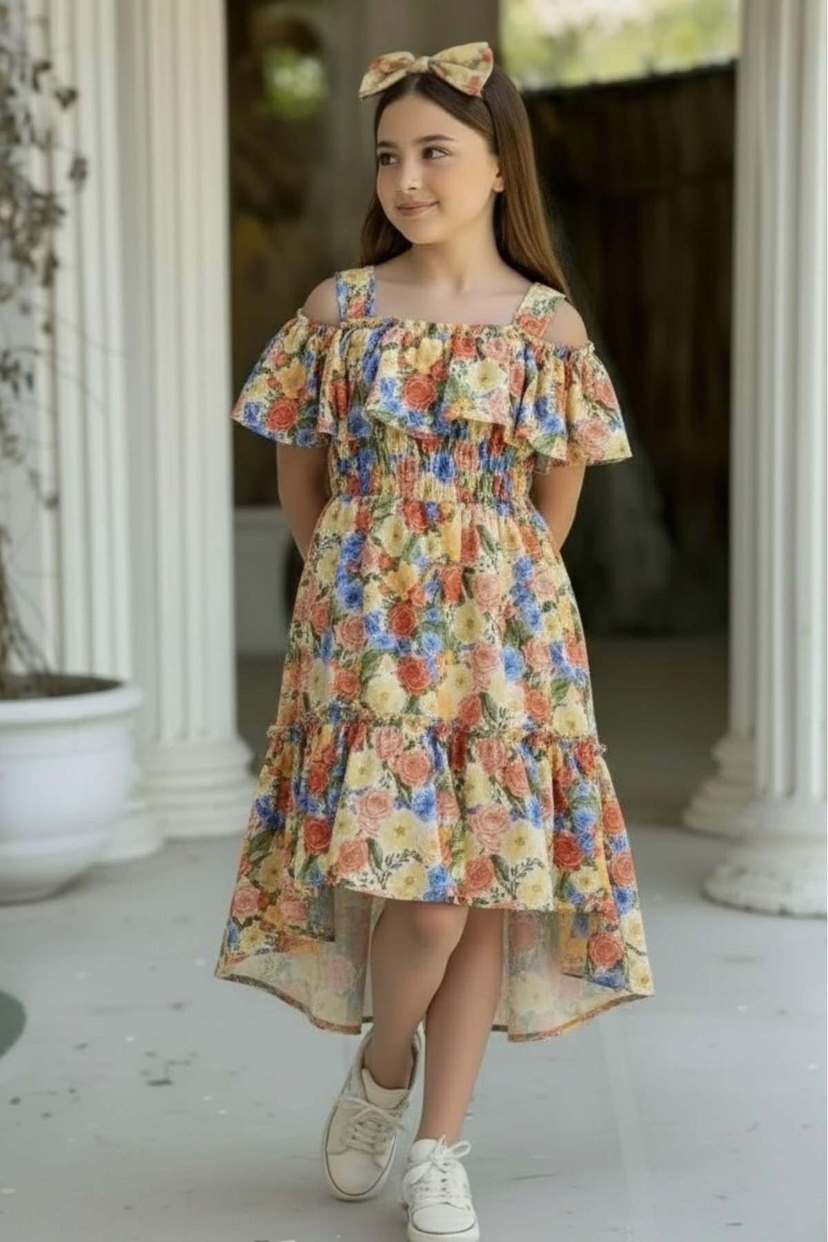 ELAFOR Fırfırlı Madonna Yaka Moss Krep Kumaş Kız Çocuk Çiçekli Elbise(1 YAŞ BÜYÜK ALINIZ)-bayramlık fotoğrafı 4 (önizleme)