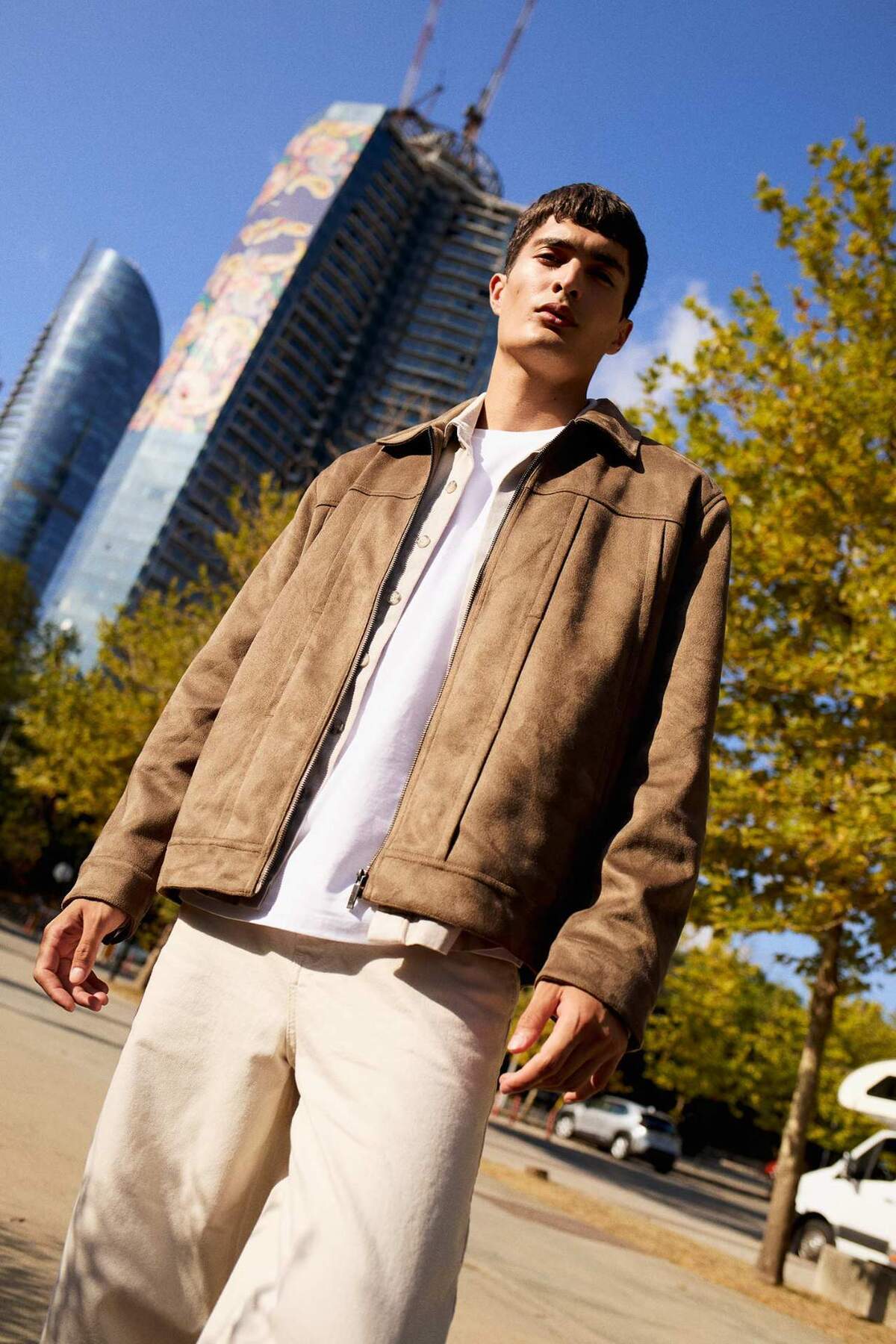 Regular Fit Shirt Collar Zippered Suede Coat with Inner Pocket E8900AX25AU