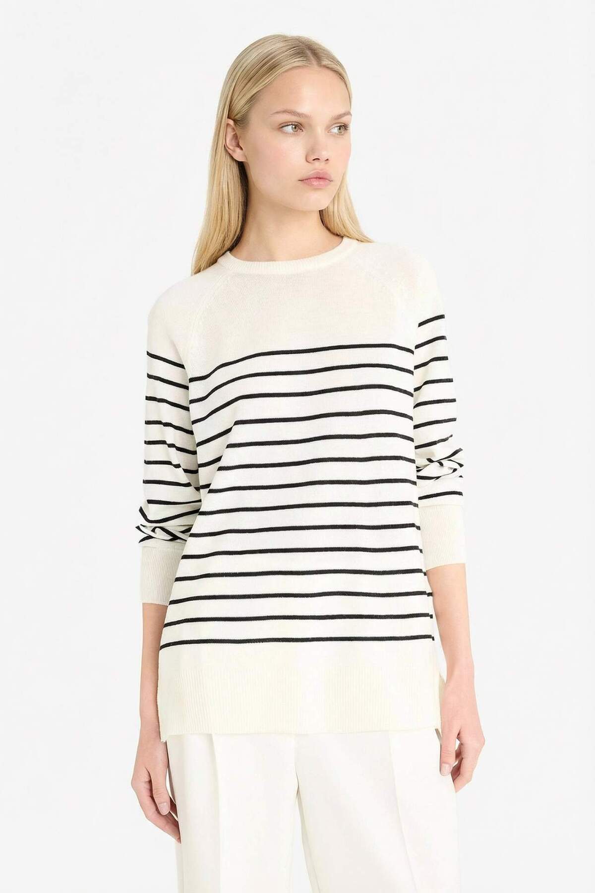 Defacto  Regular Fit Bisiklet Yaka Çizgili Triko Kazak E8486AX25WN - Görsel 3