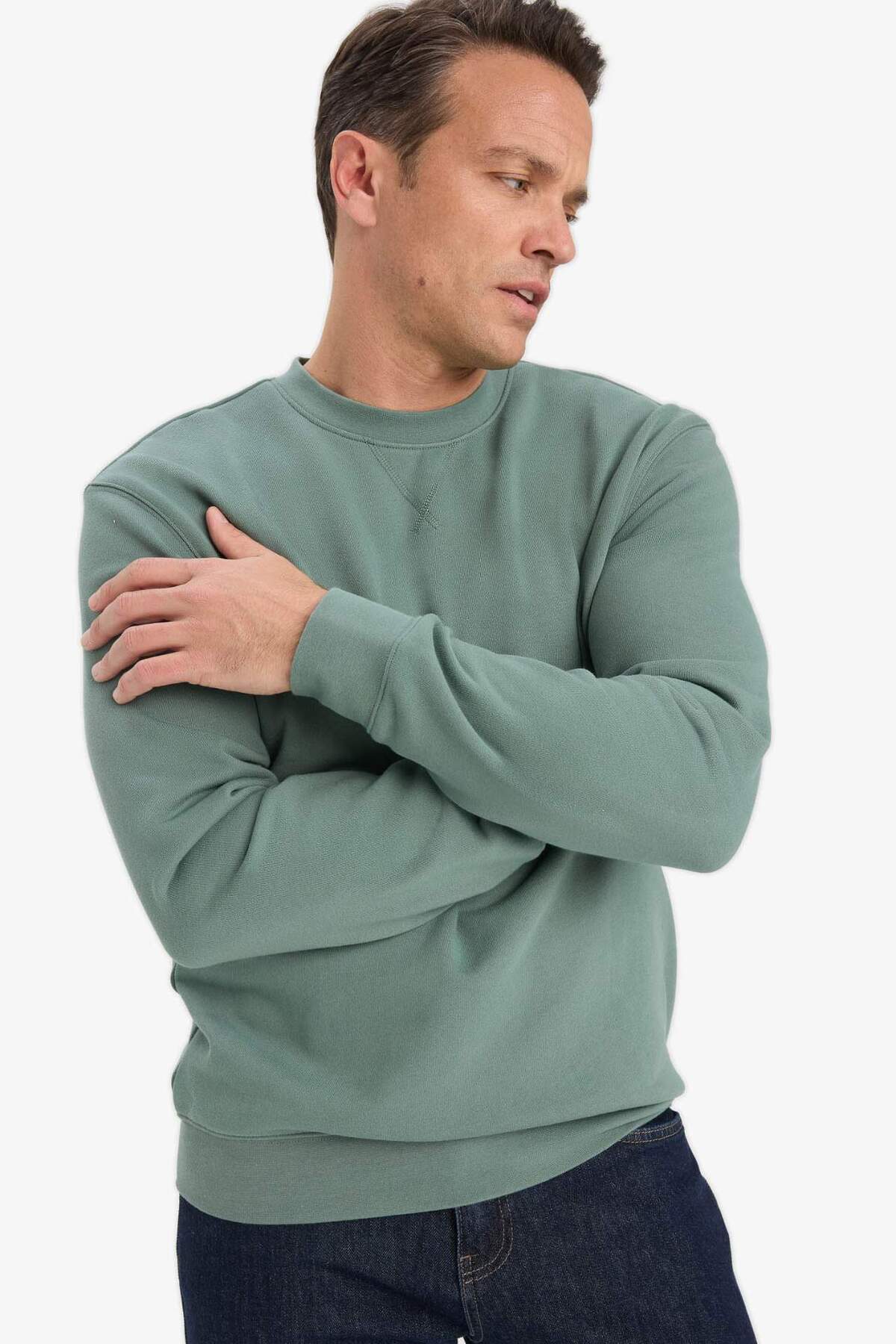 %100 Pamuk Regular Fit Basic Sweatshirt E8339AX25AU — خاکی — تصویر 4 از 5