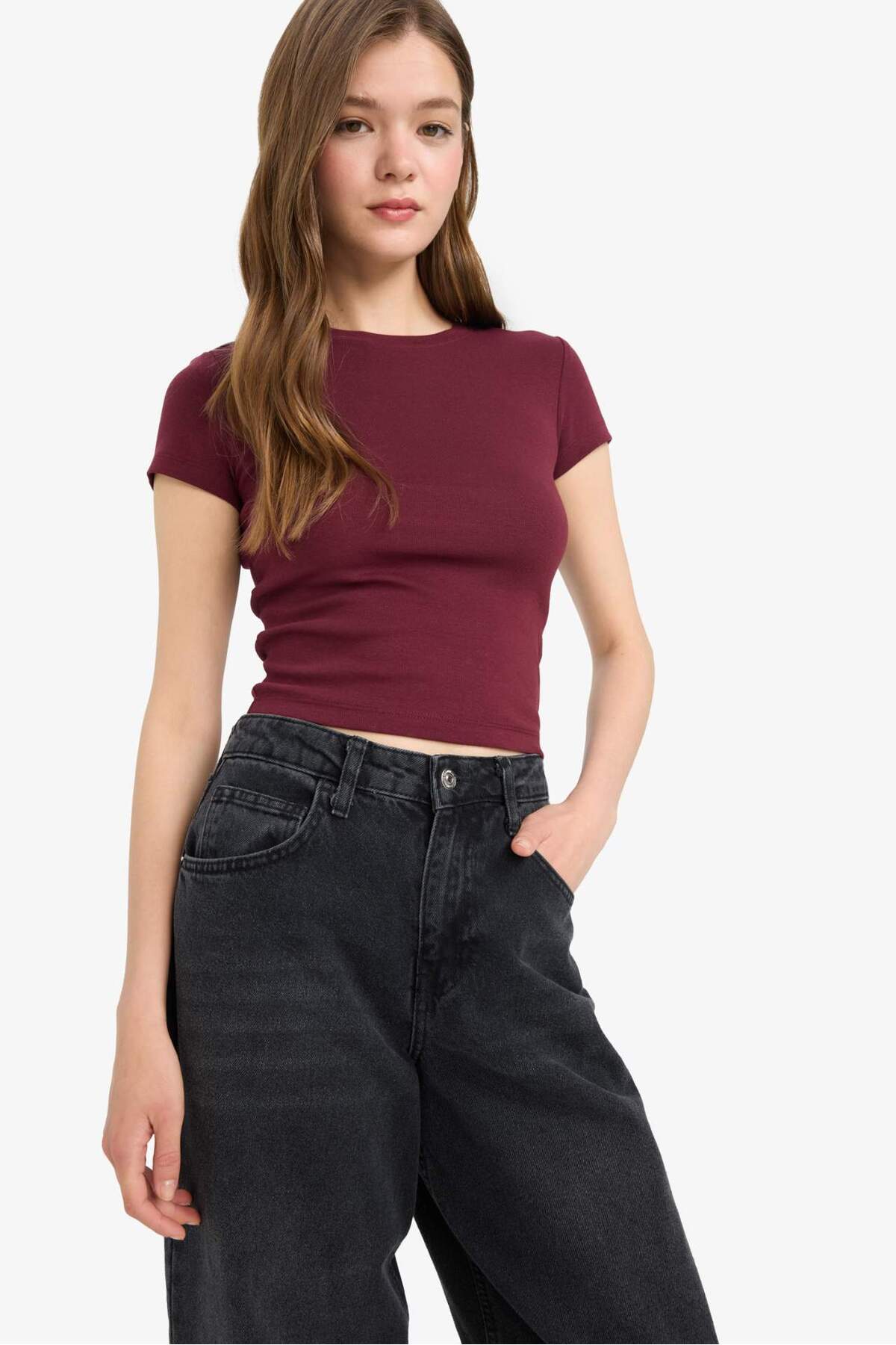 Defacto  Fitted Bisiklet Yaka Ribana Kısa Kollu Tişört E0288AX25AU - Görsel 4