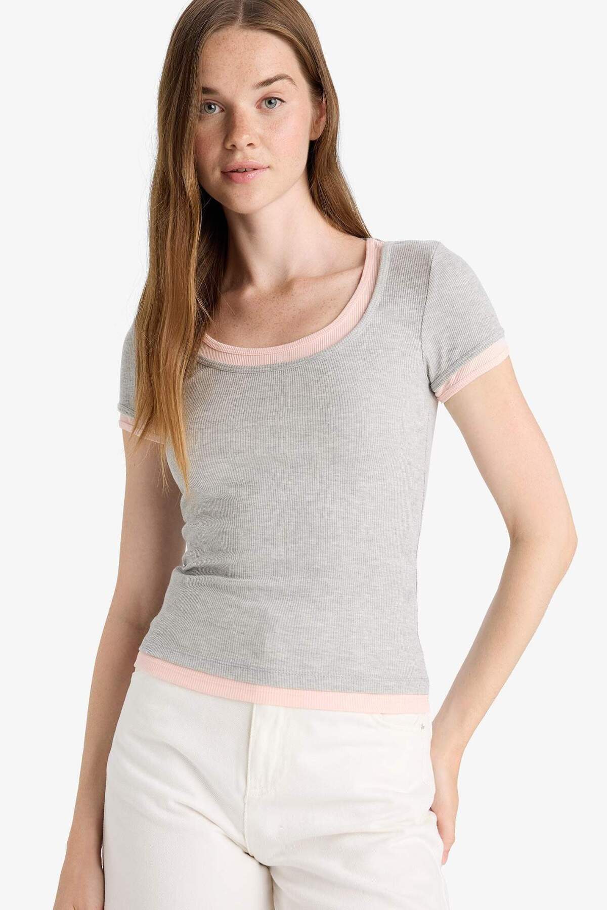Defacto Cotton U-Neck Ribbed Camisole Short Sleeve T-Shirt F8743Ax25Au