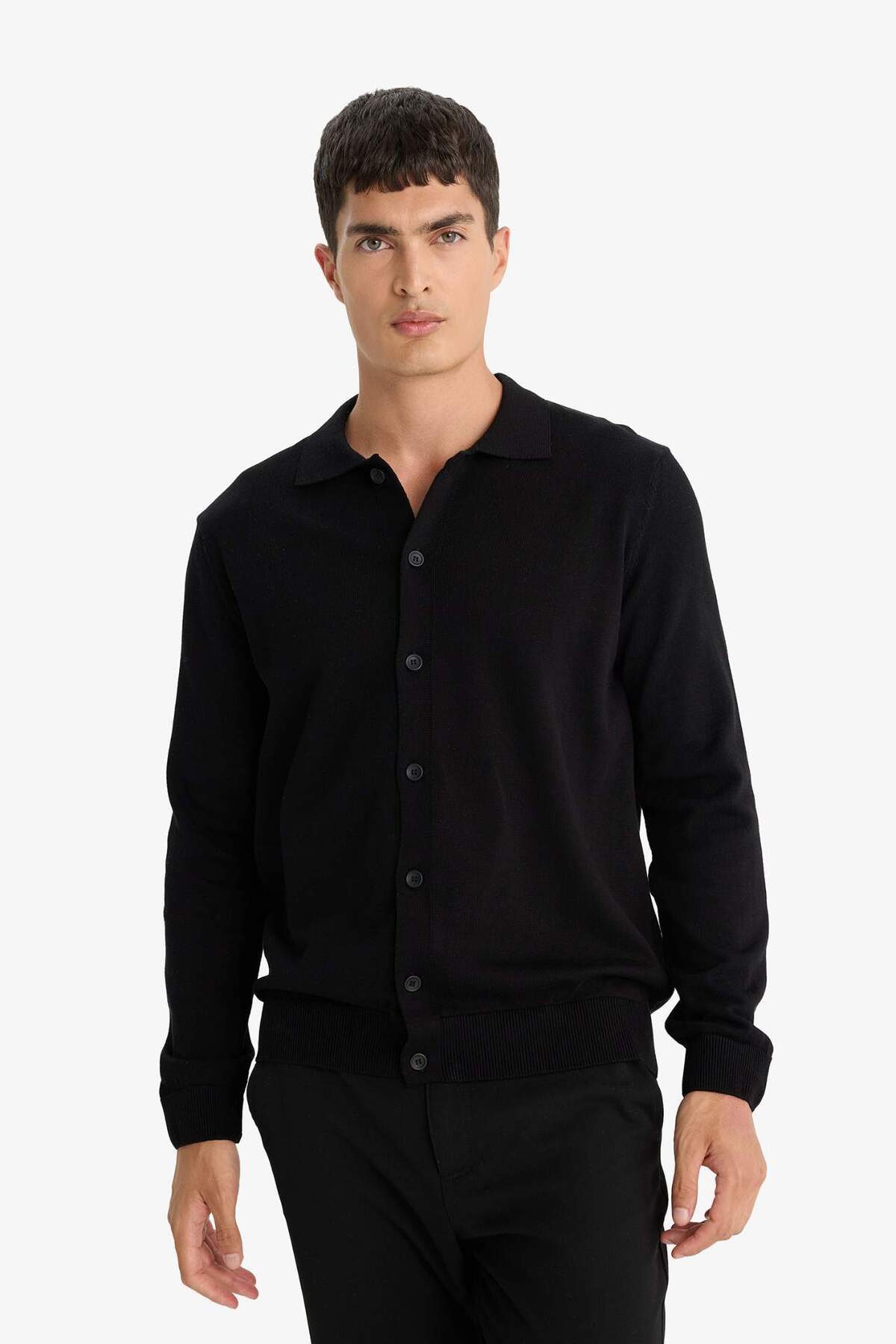 %100 Pamuk Standart Fit Polo Yaka Triko Hırka F5863AX25WN — مشکی — تصویر 3 از 6