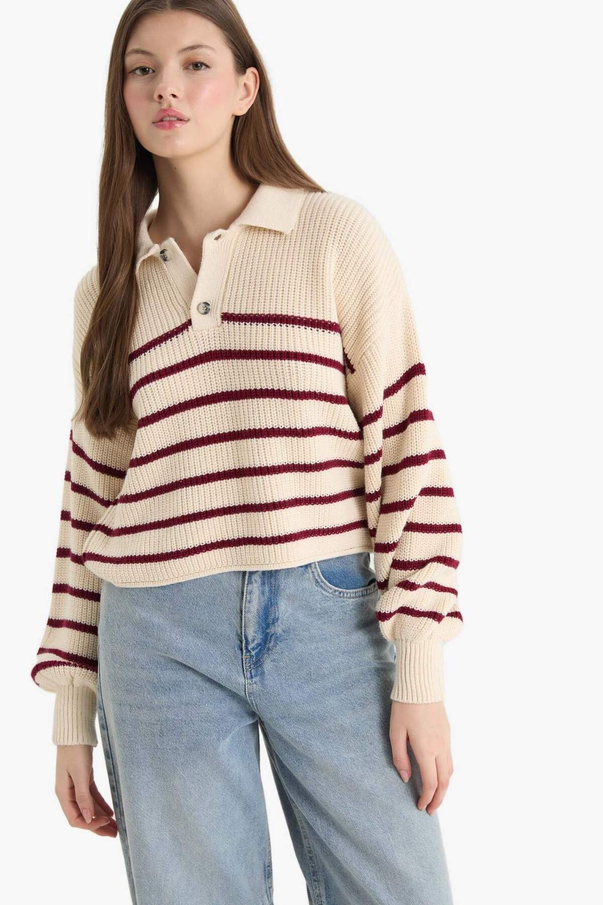 Defacto  Relax Fit Polo Yaka Yarım Düğmeli Çizgili Triko Kazak C4918AX25WN - Görsel 3