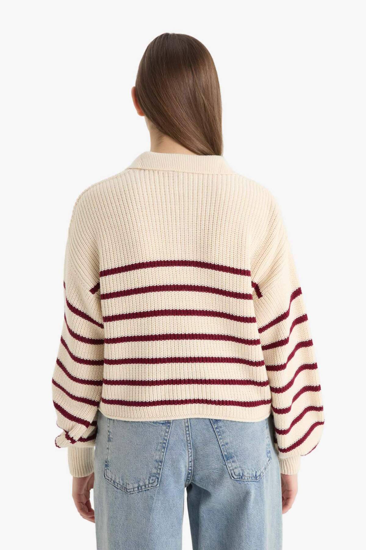 Defacto  Relax Fit Polo Yaka Yarım Düğmeli Çizgili Triko Kazak C4918AX25WN - Görsel 6