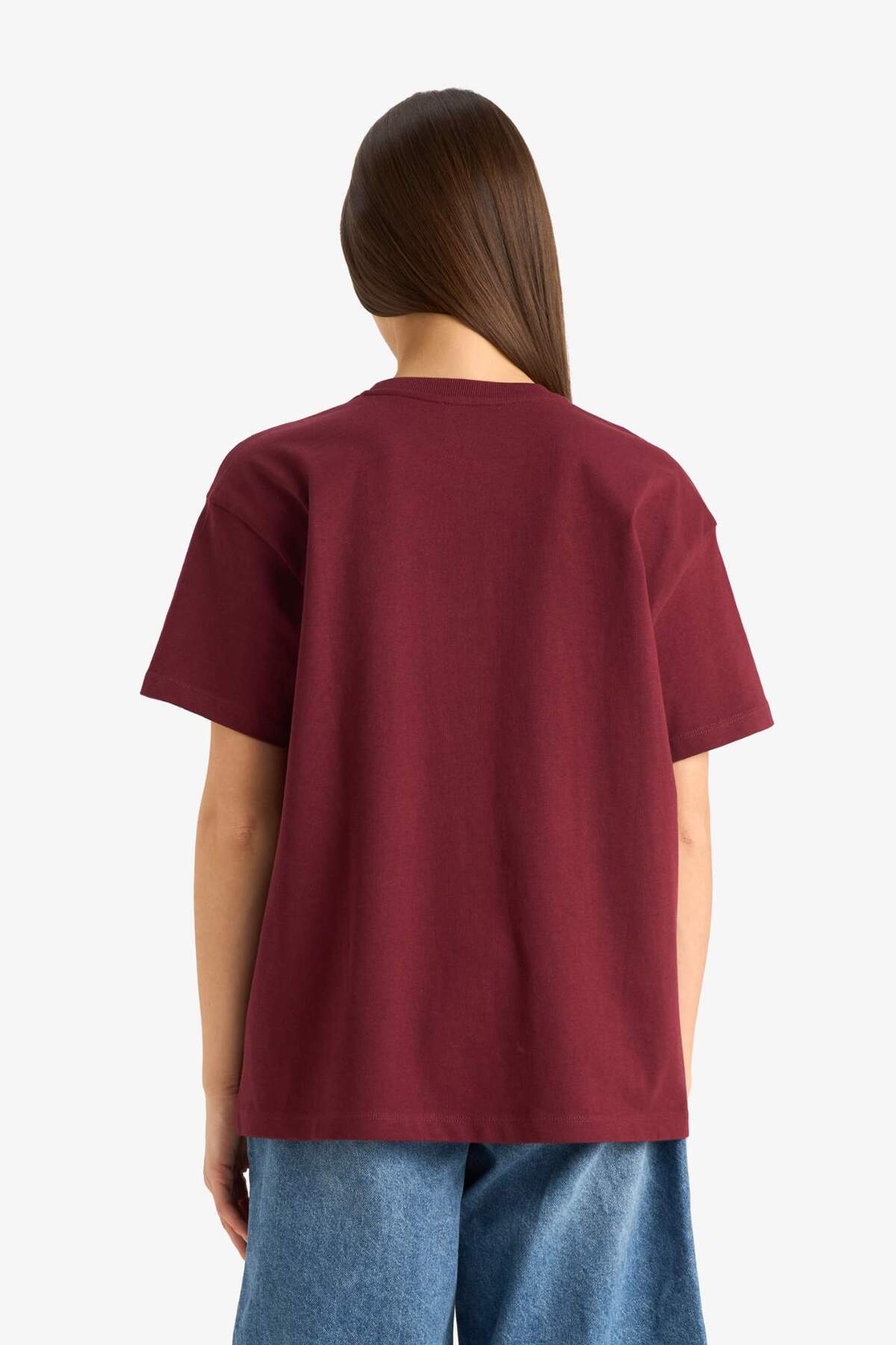 DeFacto Oversize Geniş Kalıp Bisiklet Yaka Basic Düz Bordo Kısa Kollu Tişört E4935AX25AU görsel 5