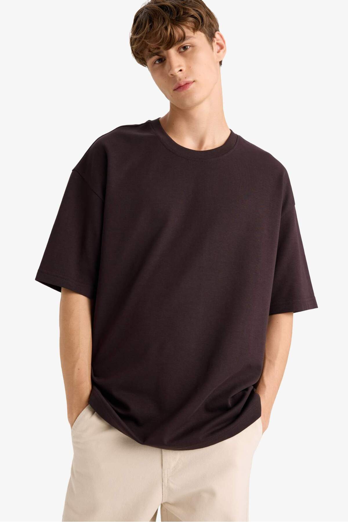 Defacto  Oversize Geniş Kalıp Bisiklet Yaka Ağır Kumaş Basic Düz Kısa Kollu Tişört E9798AX25AU