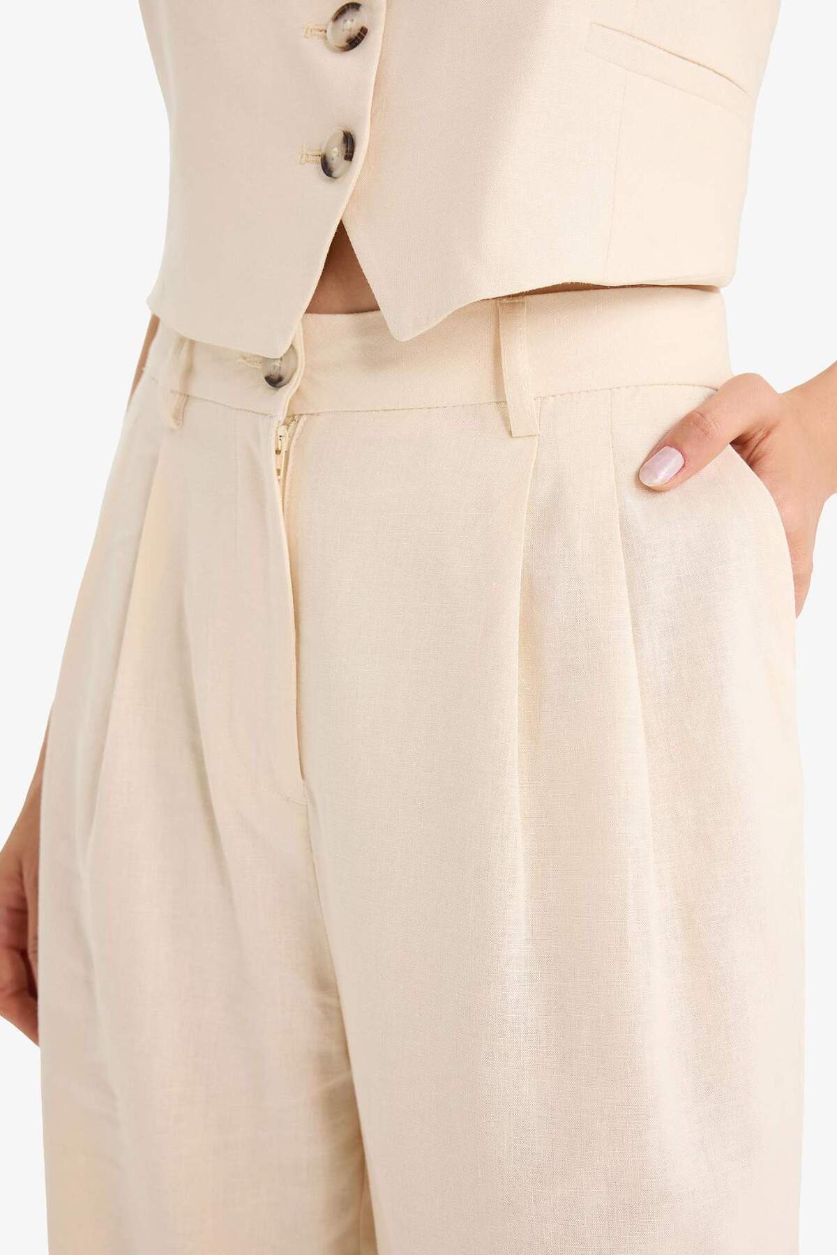 Defacto  Wıde Leg Çift Cepli Yüksek Bel Standart Boy Keten Karışımlı Pantolon E1986AX25SM - Görsel 6