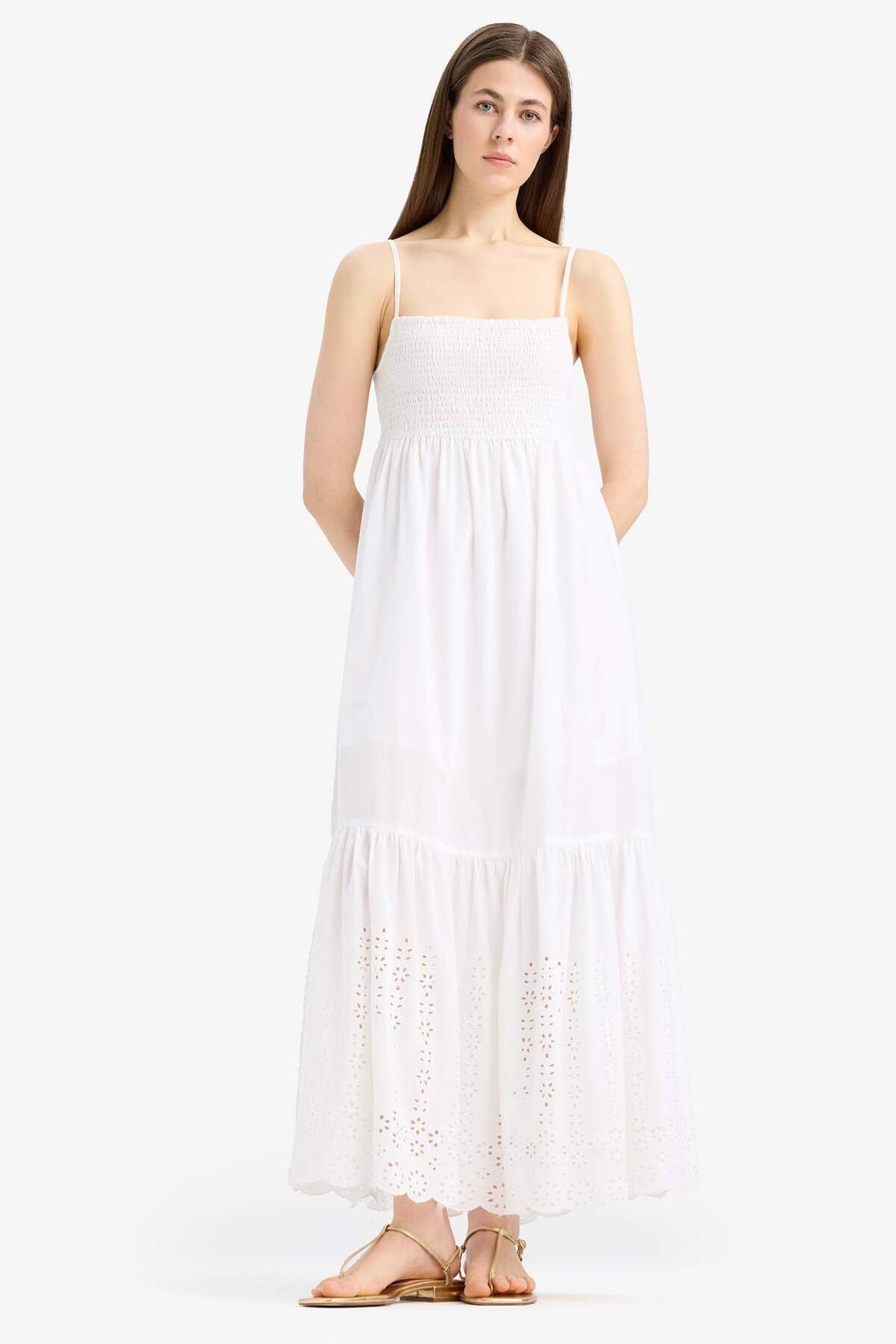 Defacto 100% Cotton Elastic Collar Strap White Maxi Dress E6856Ax25Sm