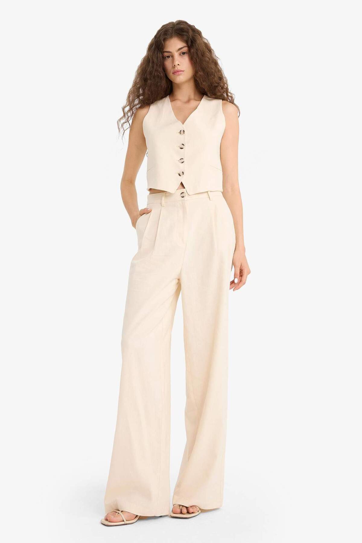 Defacto  Wıde Leg Çift Cepli Yüksek Bel Standart Boy Keten Karışımlı Pantolon E1986AX25SM - Görsel 4