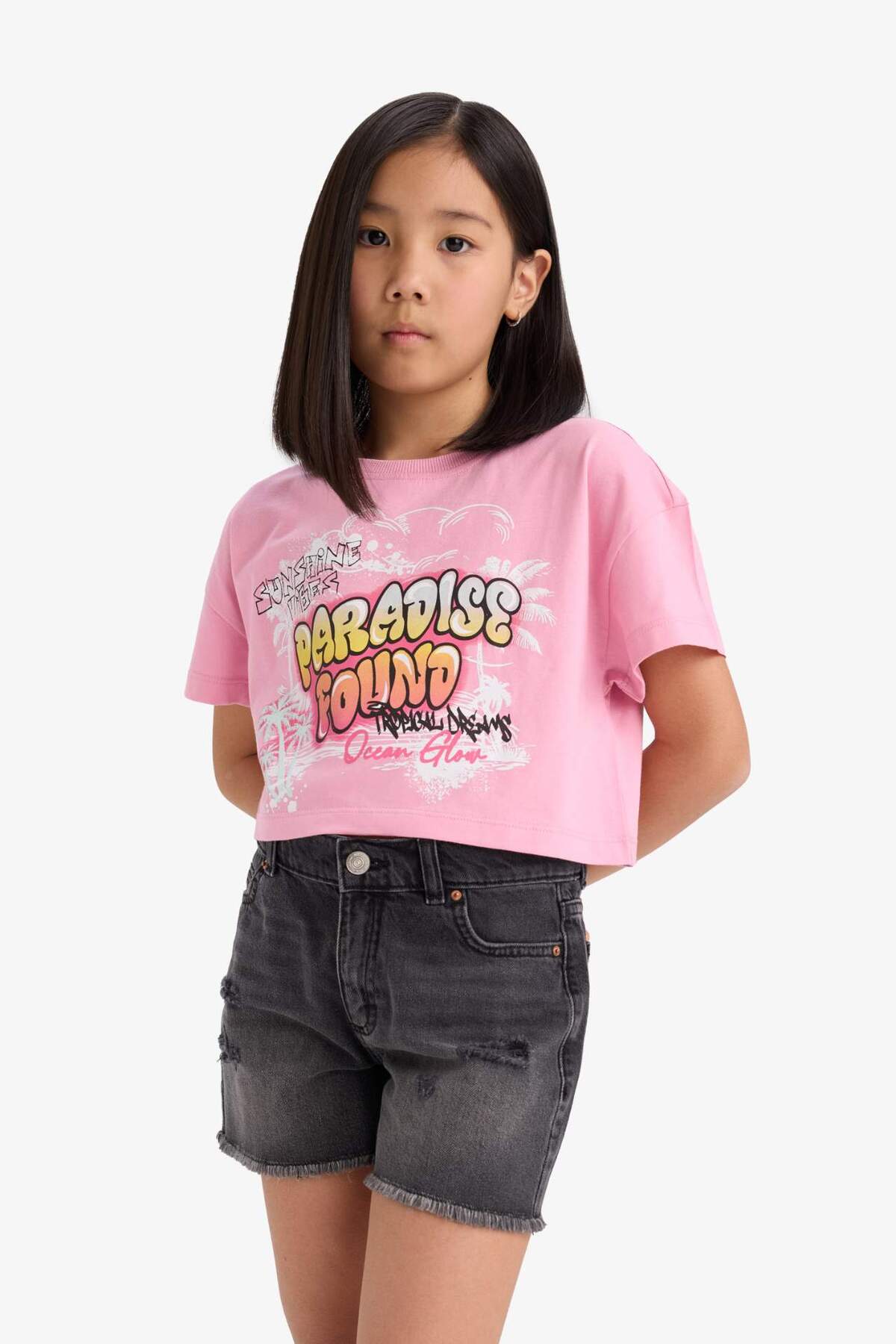 Defacto 100% Cotton Crop Crew Neck Printed Short Sleeve T-Shirt Girls E0388A825Sm
