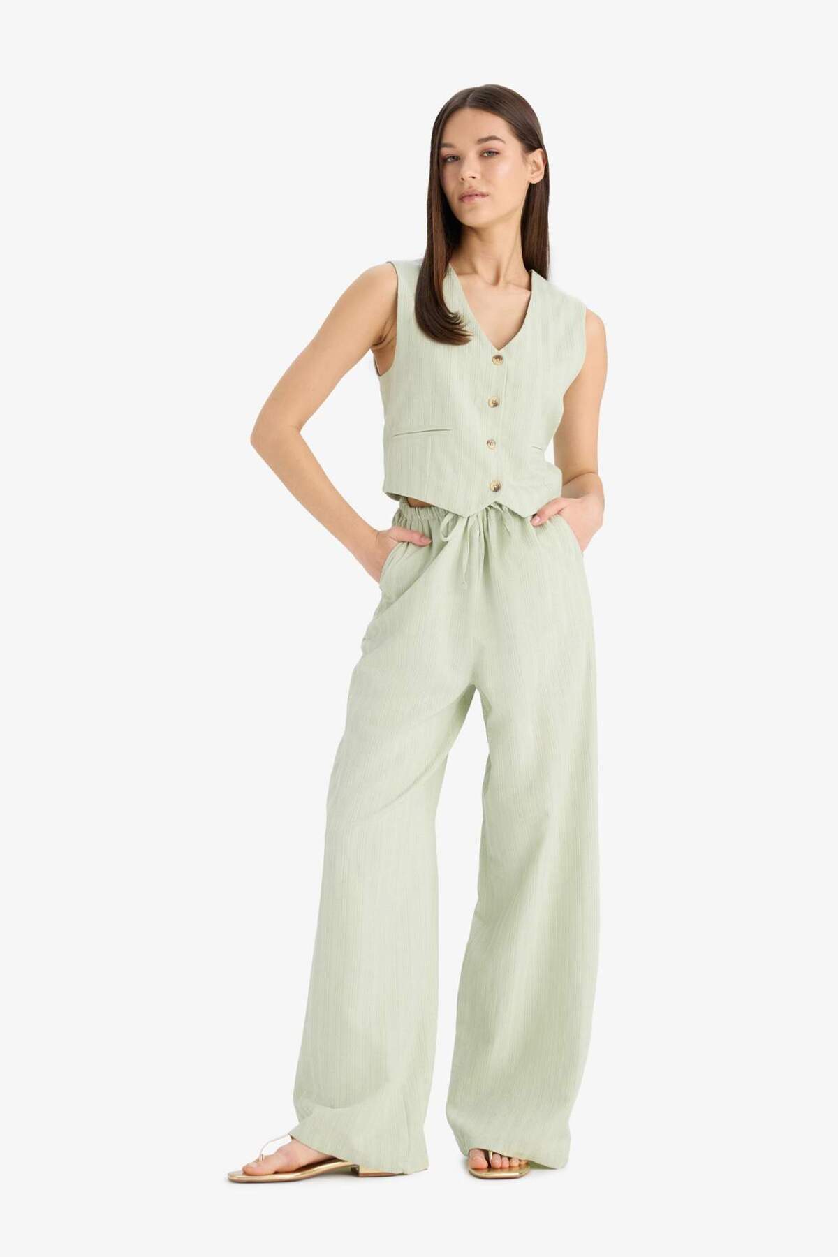 Defacto  Keten Karışımlı Pantolon Wide Leg Geniş Bol Paça Cepli Basic Düz Normal Bel Standart Boy D1010AX25S