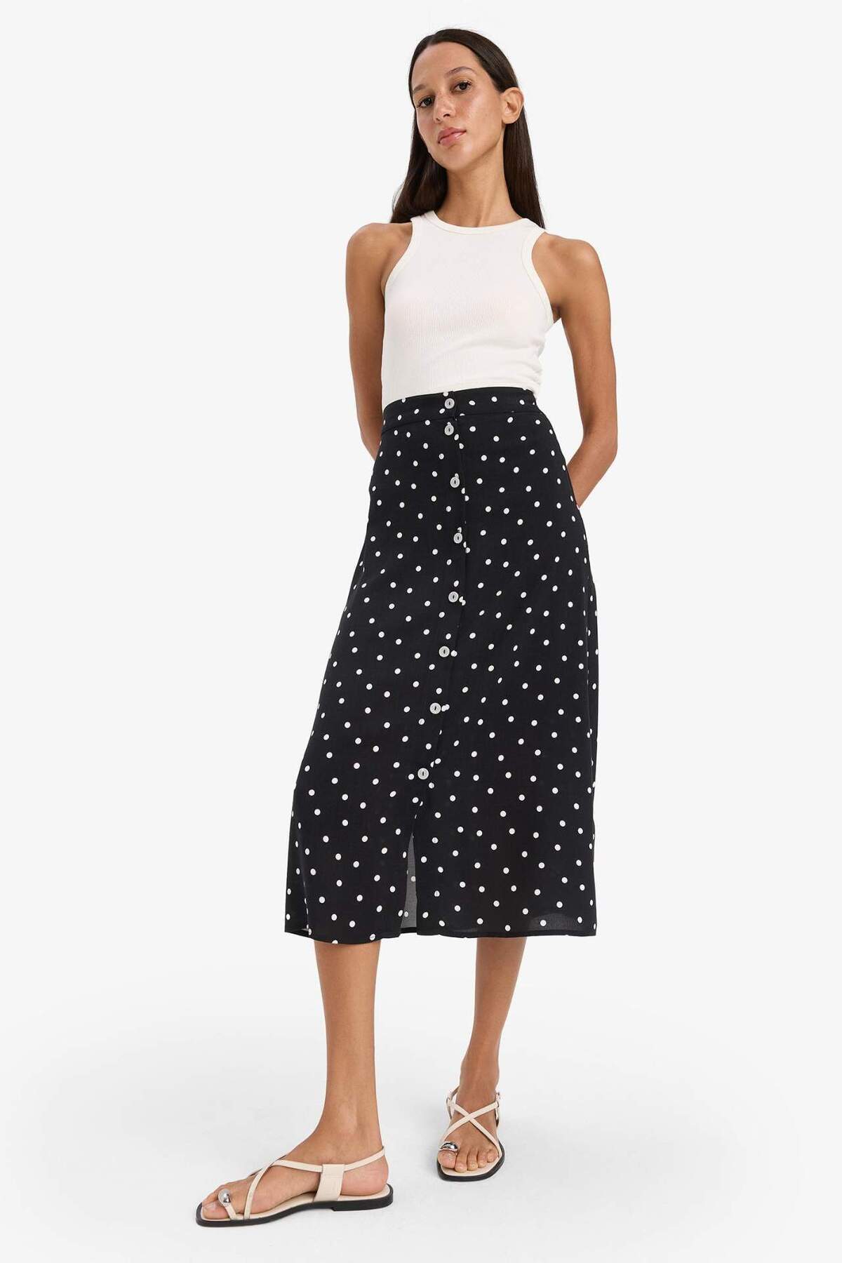 Defacto  A Form Puantiyeli Düğmeli Normal Bel Midi Etek Z8094AZ25SM - Görsel 4
