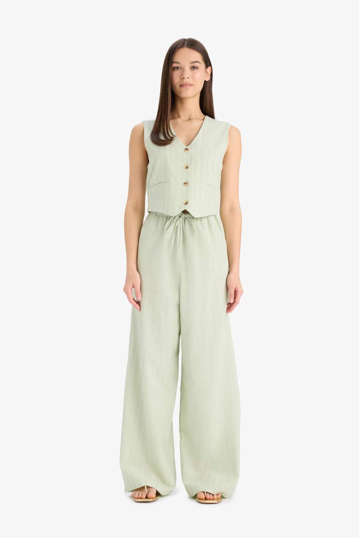 Defacto  Keten Karışımlı Pantolon Wide Leg Geniş Bol Paça Cepli Basic Düz Normal Bel Standart Boy D1010AX25S - Görsel 4