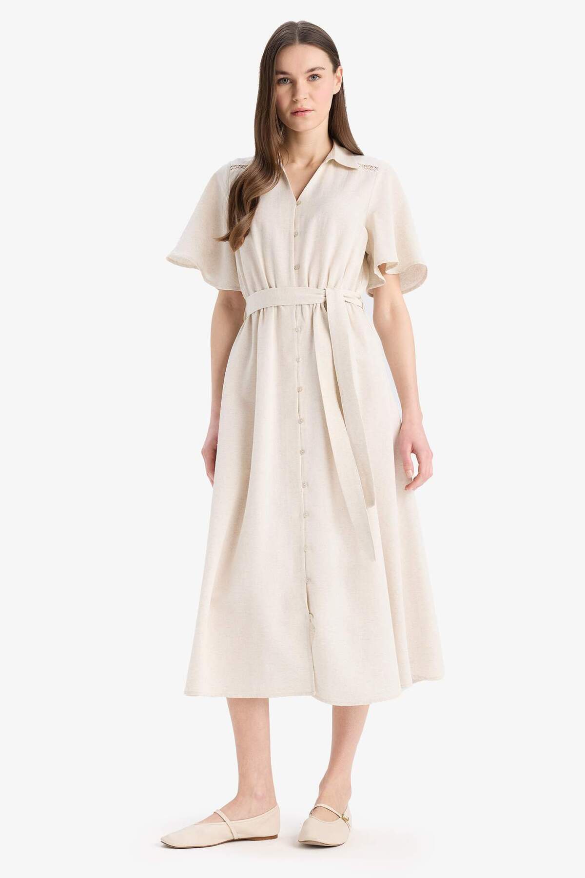 DeFacto Kurzärmliges Midi-Sommerkleid aus Leinenmischung mit Hemdkragen und G...