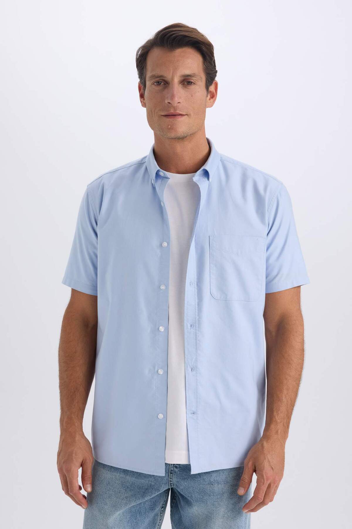 Defacto 100% Cotton Regular Fit Short Sleeve Polo Collar Light Blue Oxford Shirt D7419Ax25Sm