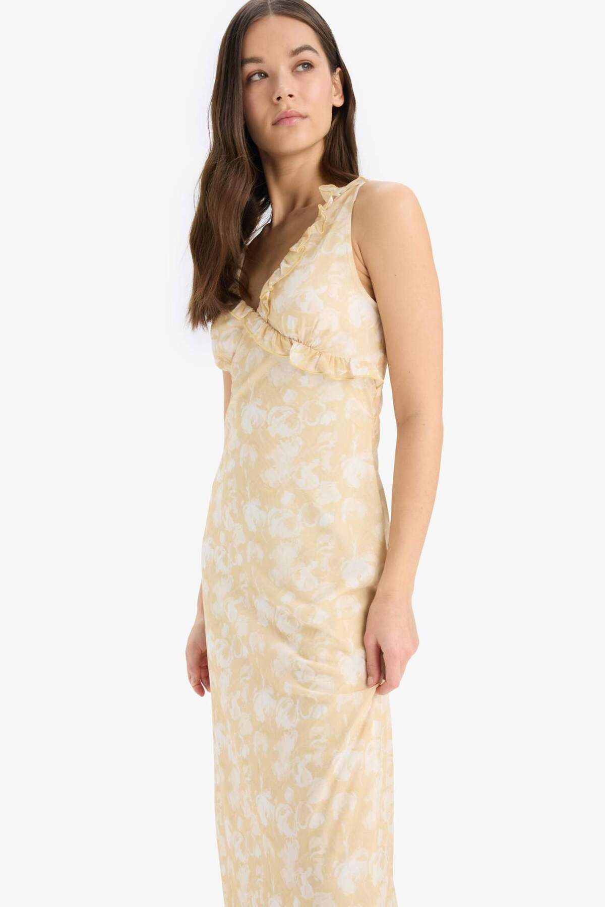 Defacto  Bodycon Vücudu Saran Desenli Tül Askılı Midi Elbise E6809AX25SP - Görsel 5