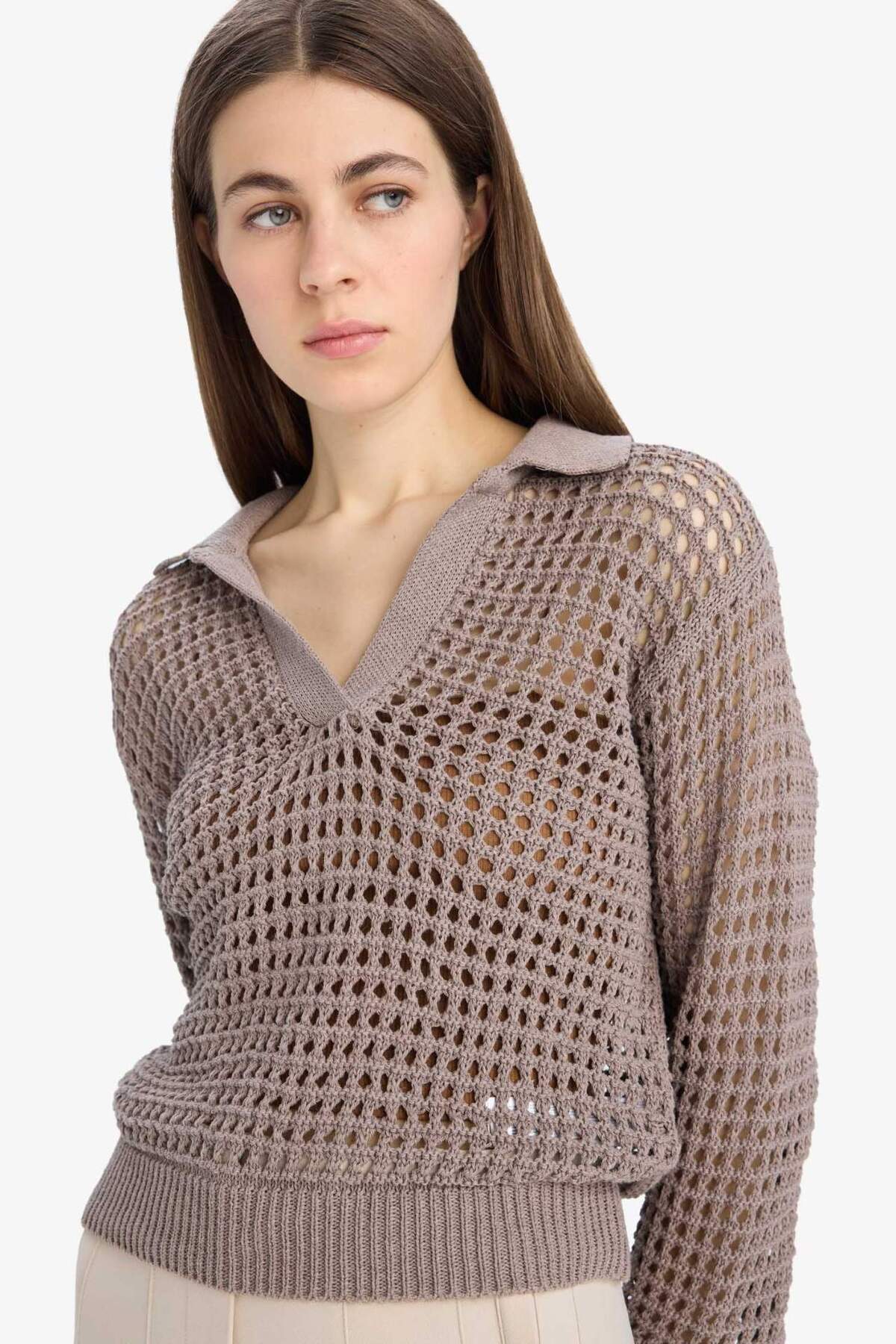 Defacto  Relax Fit Polo Yaka Basıc Ajurlu Triko Kazak E7025AX25SM
