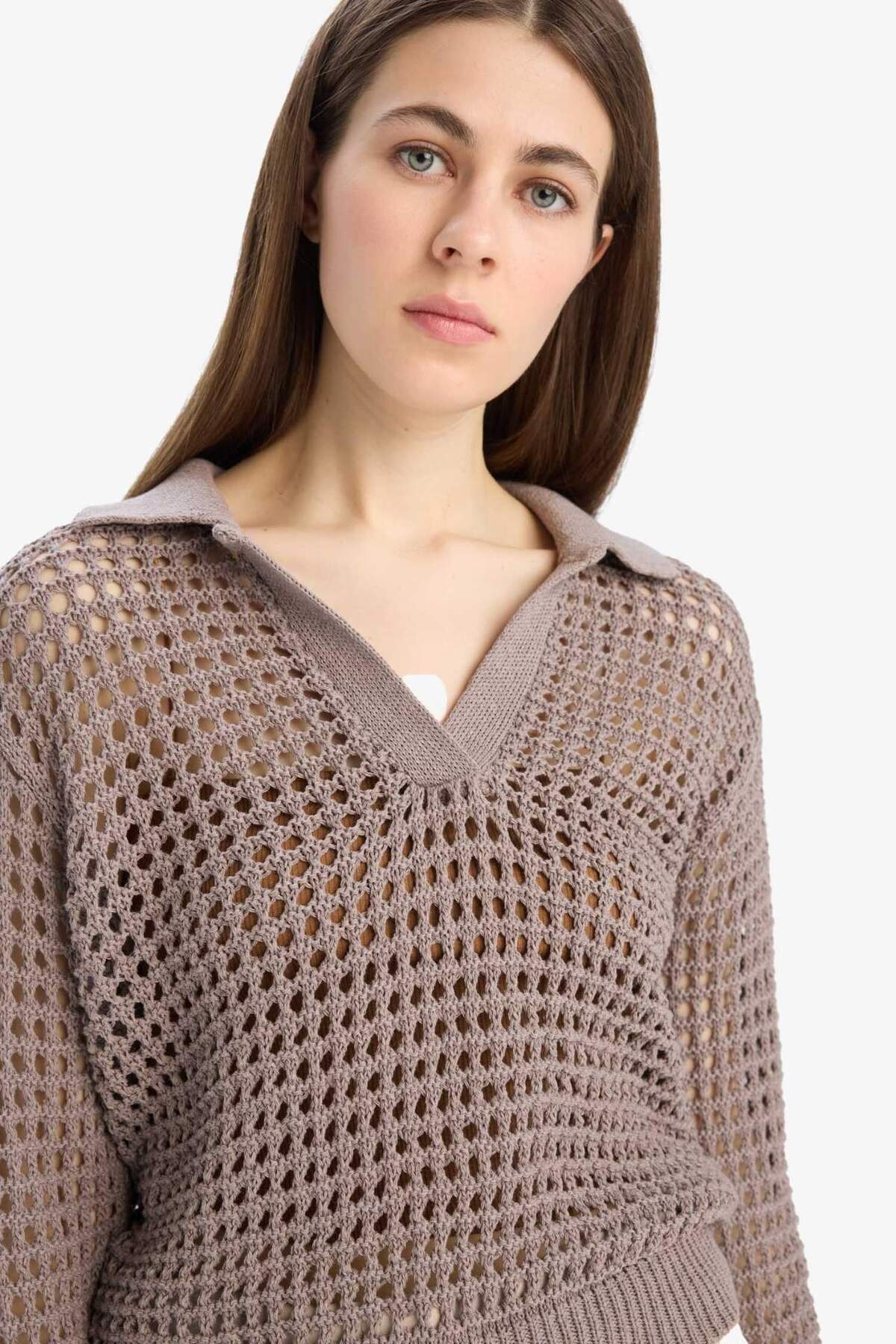Defacto  Relax Fit Polo Yaka Basıc Ajurlu Triko Kazak E7025AX25SM - Görsel 3