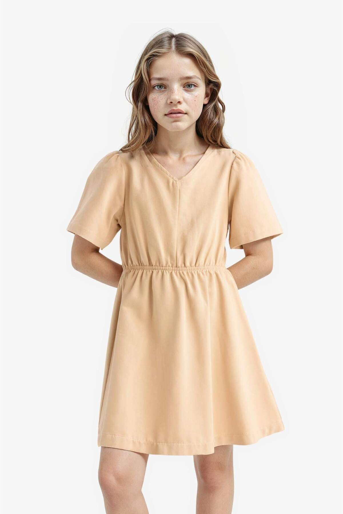 Defacto Standart Fit V Yaka Gabardin Kısa Kollu Elbise Kız Çocuk E2645A825SM