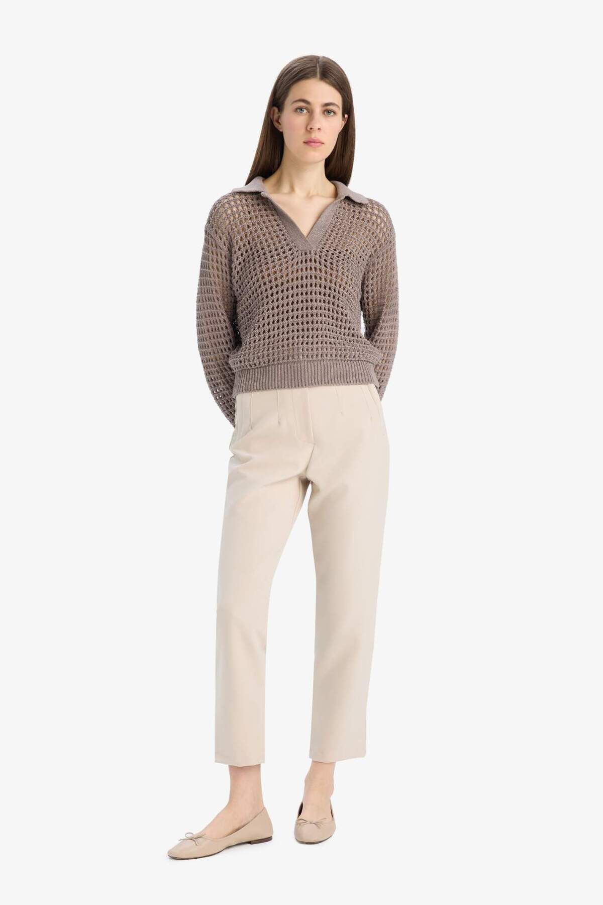 Defacto  Relax Fit Polo Yaka Basıc Ajurlu Triko Kazak E7025AX25SM - Görsel 2