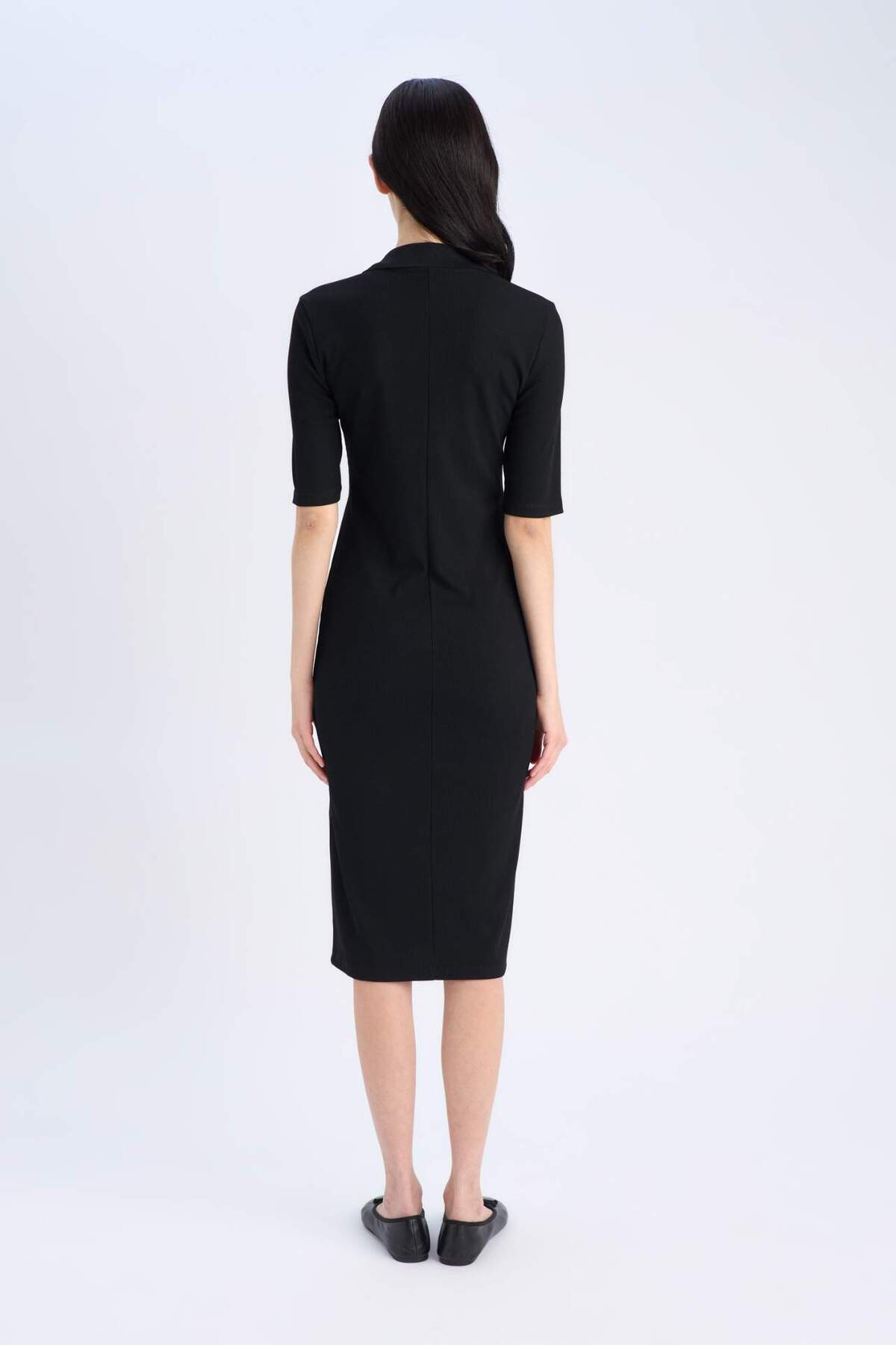 Defacto  Bodycon Vücudu Saran Polo Yaka Basic Düz Fitilli Kaşkorse Kısa Kollu Midi Elbise E6806AX25SP - Görsel 6