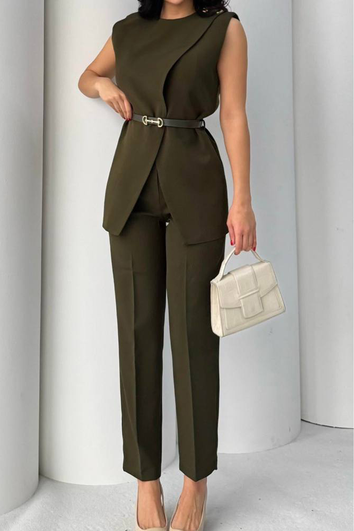 women khaki belt detailed vest trousers 2 piece set NBSTR4061