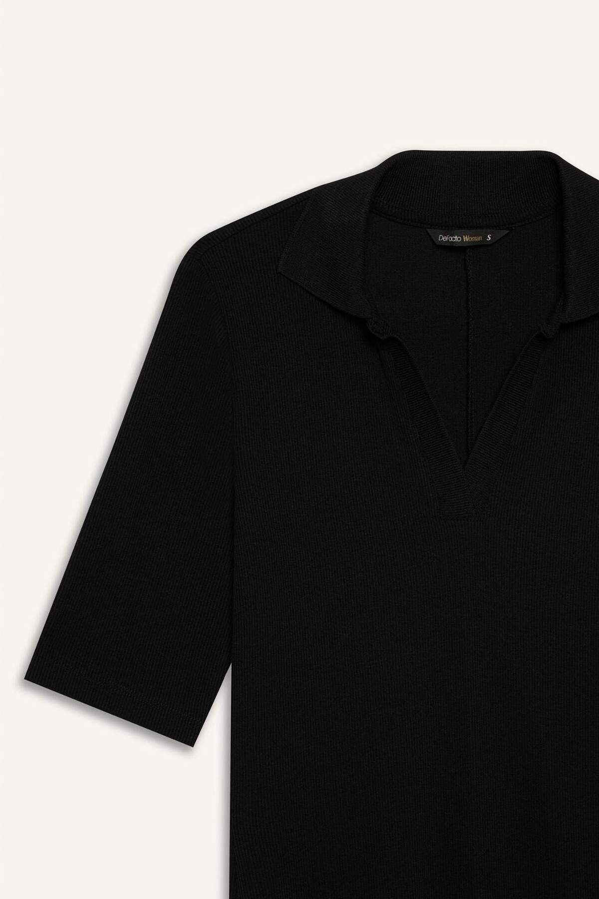 Defacto  Bodycon Vücudu Saran Polo Yaka Basic Düz Fitilli Kaşkorse Kısa Kollu Midi Elbise E6806AX25SP - Görsel 8