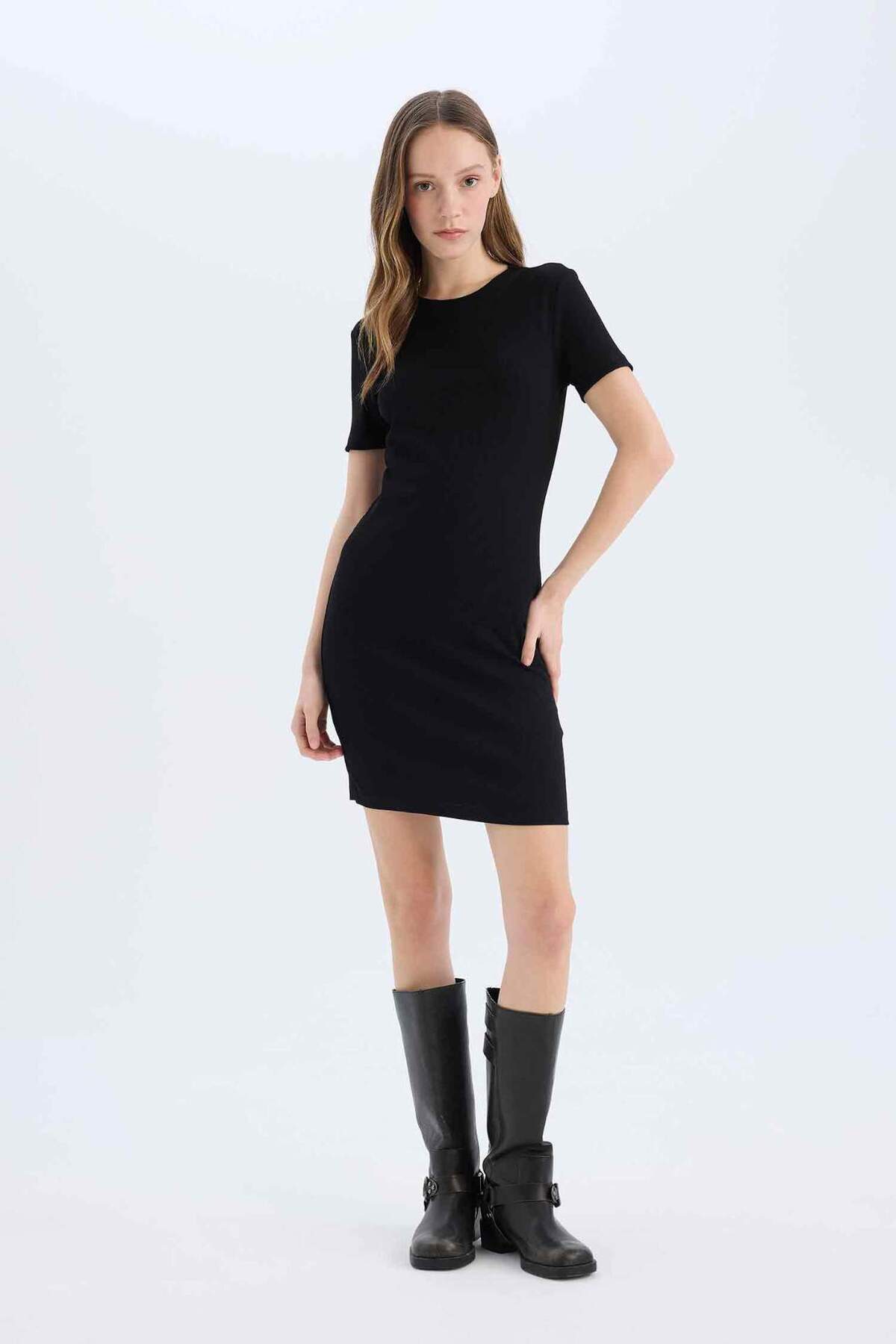Bodycon Vücudu Saran Bisiklet Yaka Fitilli Kaşkorse Kısa Kollu Mini Elbise E7231AX25SP