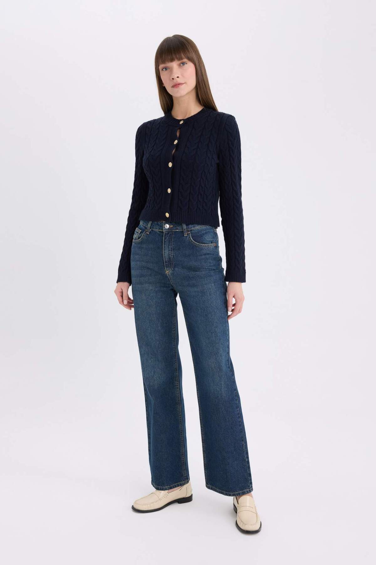 Defacto  Regular Fit Bisiklet Yaka Selanik Örgü Desenli Triko Hırka C9044AX25SP - Görsel 2