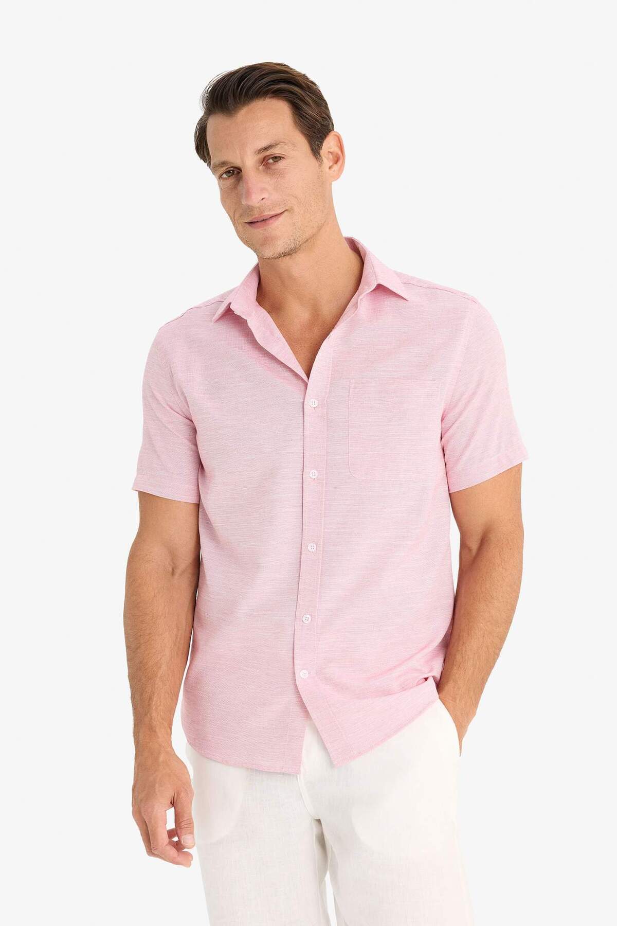 Modern Fit Yazlık Polo Yaka Basic Düz Kısa Kollu Gömlek E5077AX25SM — صورتی — تصویر 3 از 6