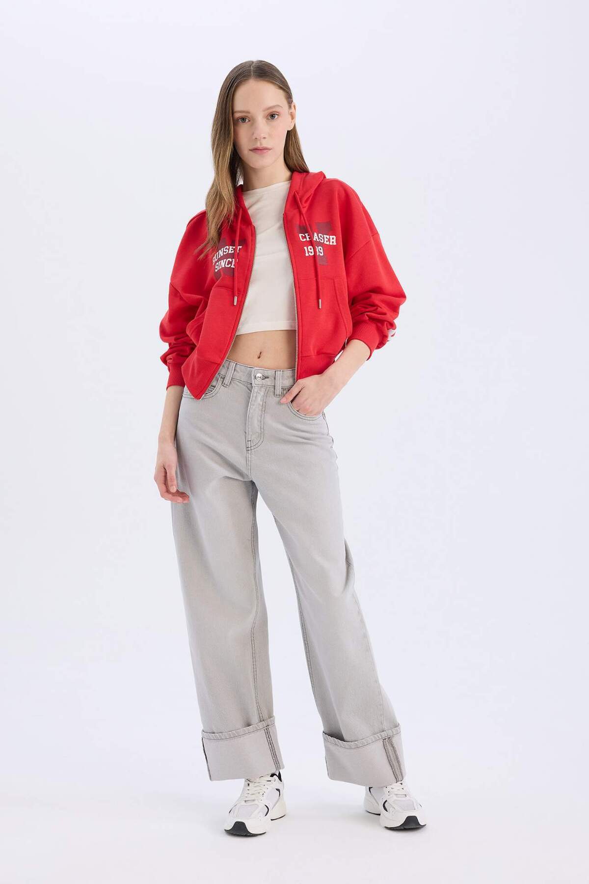 Defacto  Oversize Geniş Kalıp Kapüşonlu Baskılı Kalın Fermuarlı Sweatshirt E5463AX25SM - Görsel 2